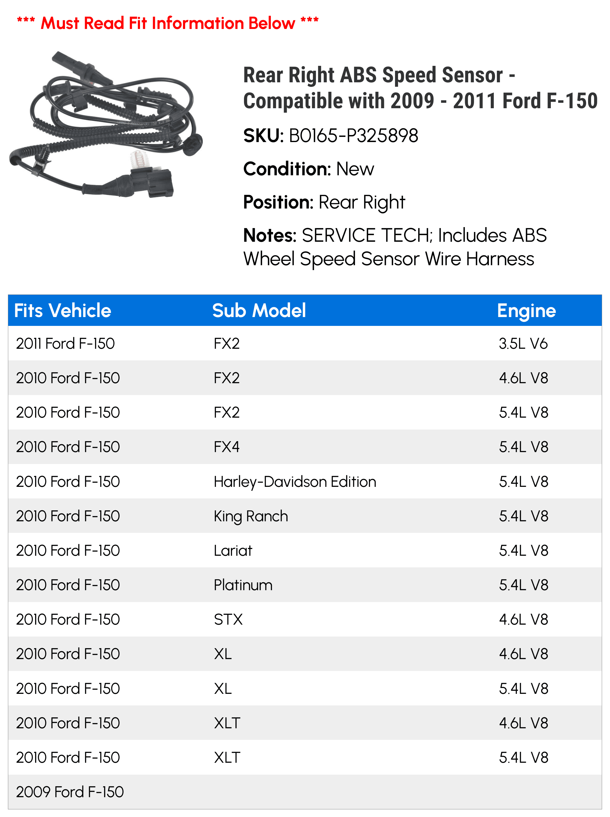 Rear Right ABS Speed Sensor - Compatible with 2009 - 2011 Ford F-150 2010