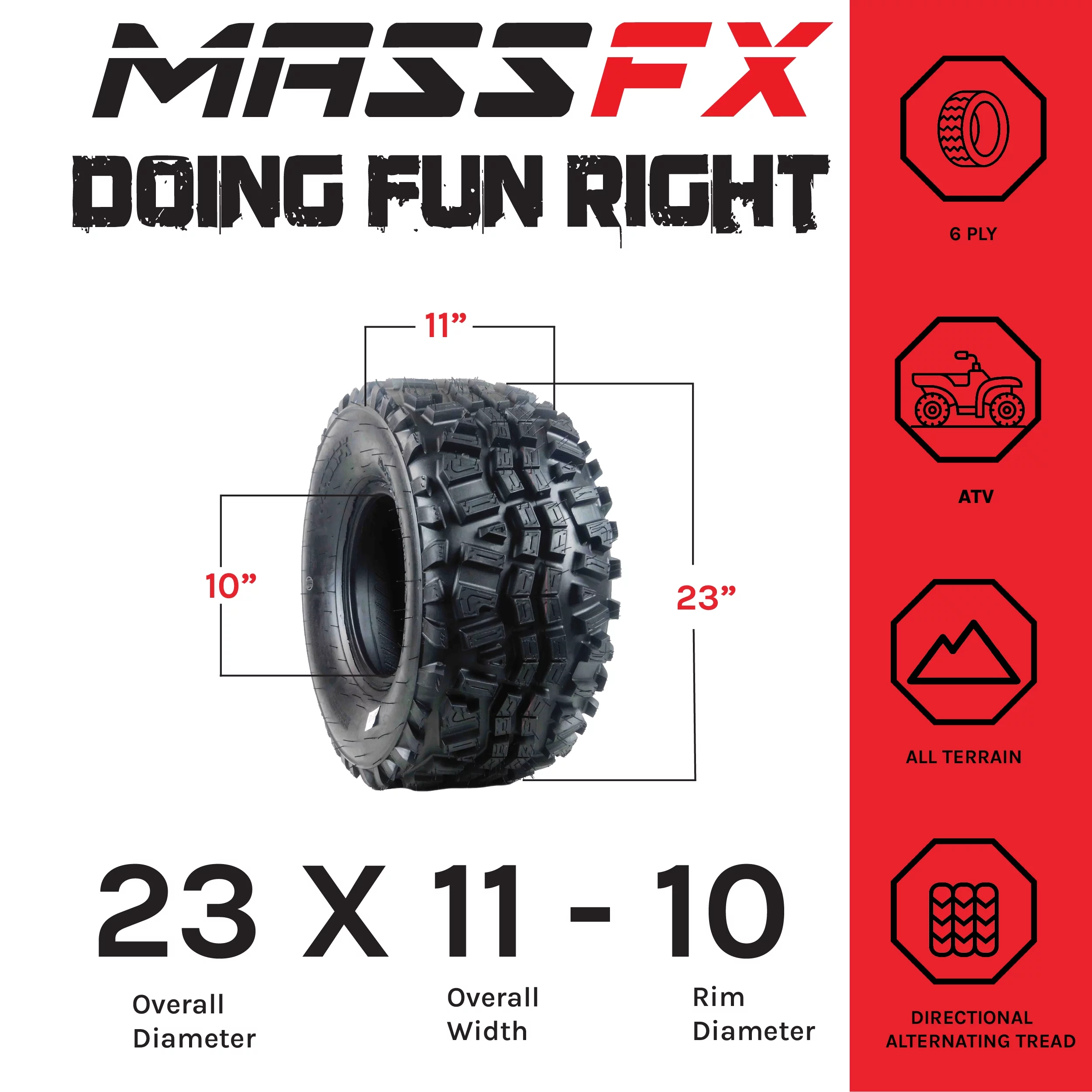 MASSFX 23x11-10 Front/Rear Tire - Lawn & Garden 6 Ply for ATV, UTV & Lawn Mowers 23x11x10