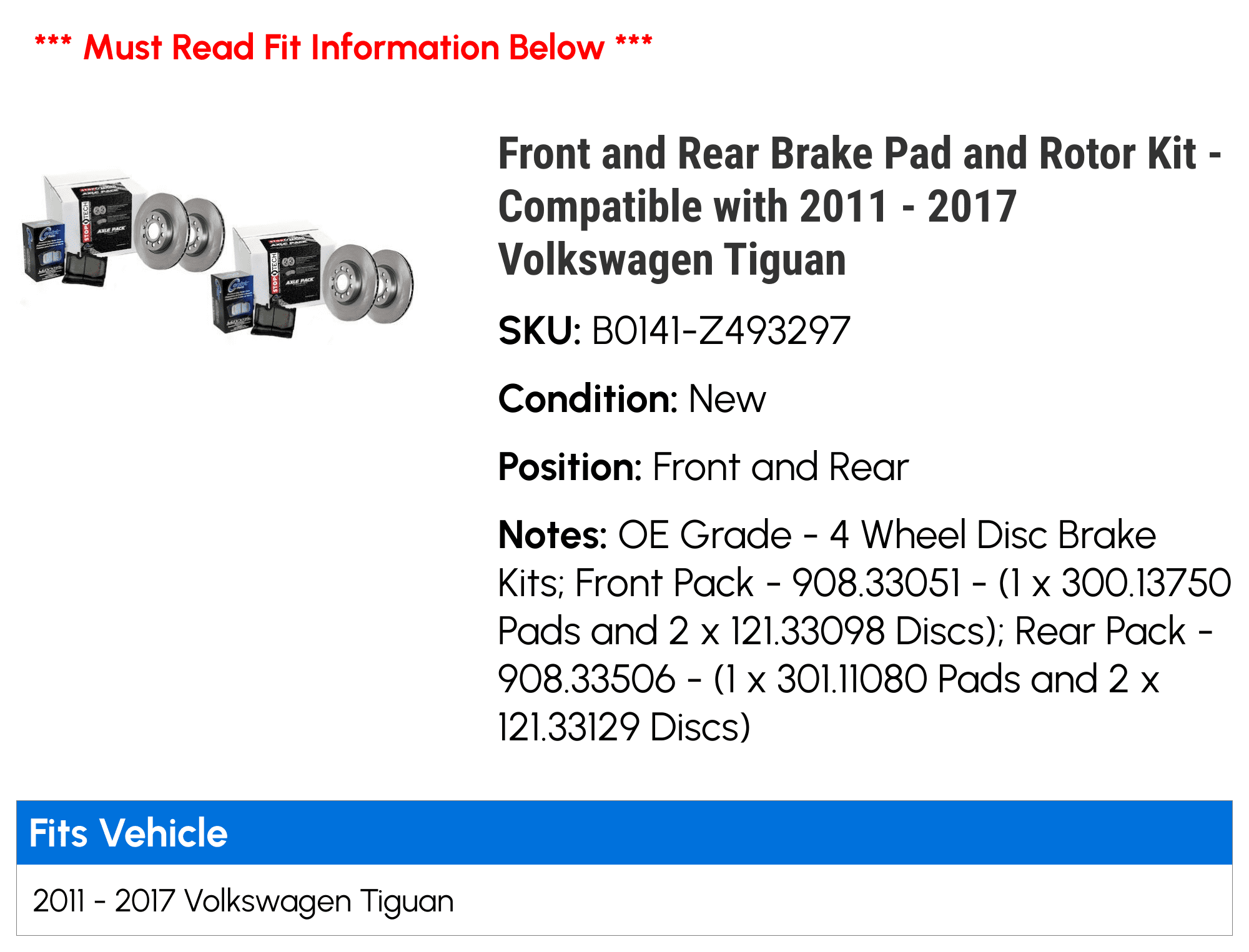 Front and Rear Brake Pad and Rotor Kit - Compatible with 2011 - 2017 Volkswagen Tiguan 2012 2013 2014 2015 2016