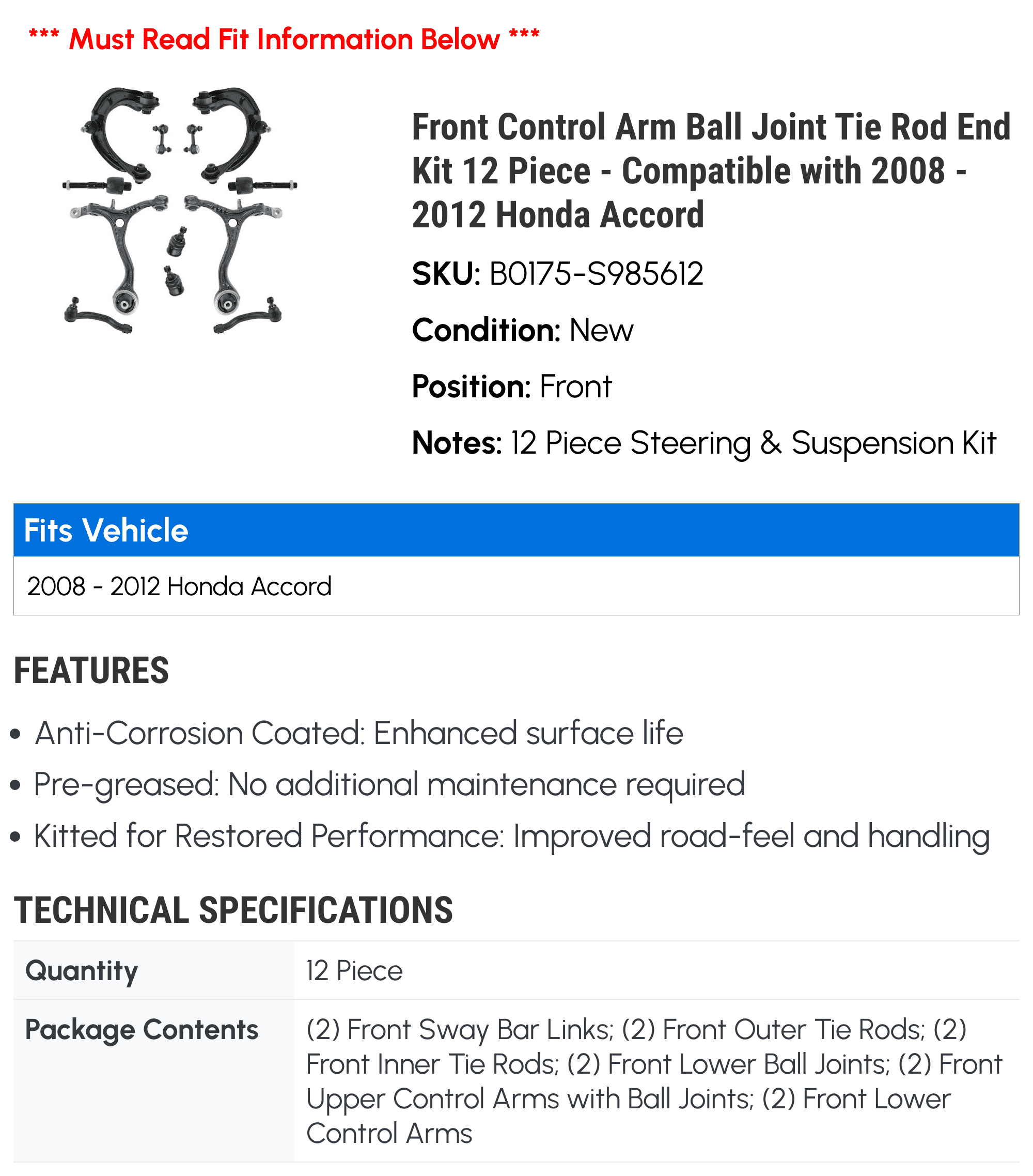 Front Control Arm Ball Joint Tie Rod End Kit 12 Piece - Compatible with 2008 - 2012 Honda Accord 2009 2010 2011