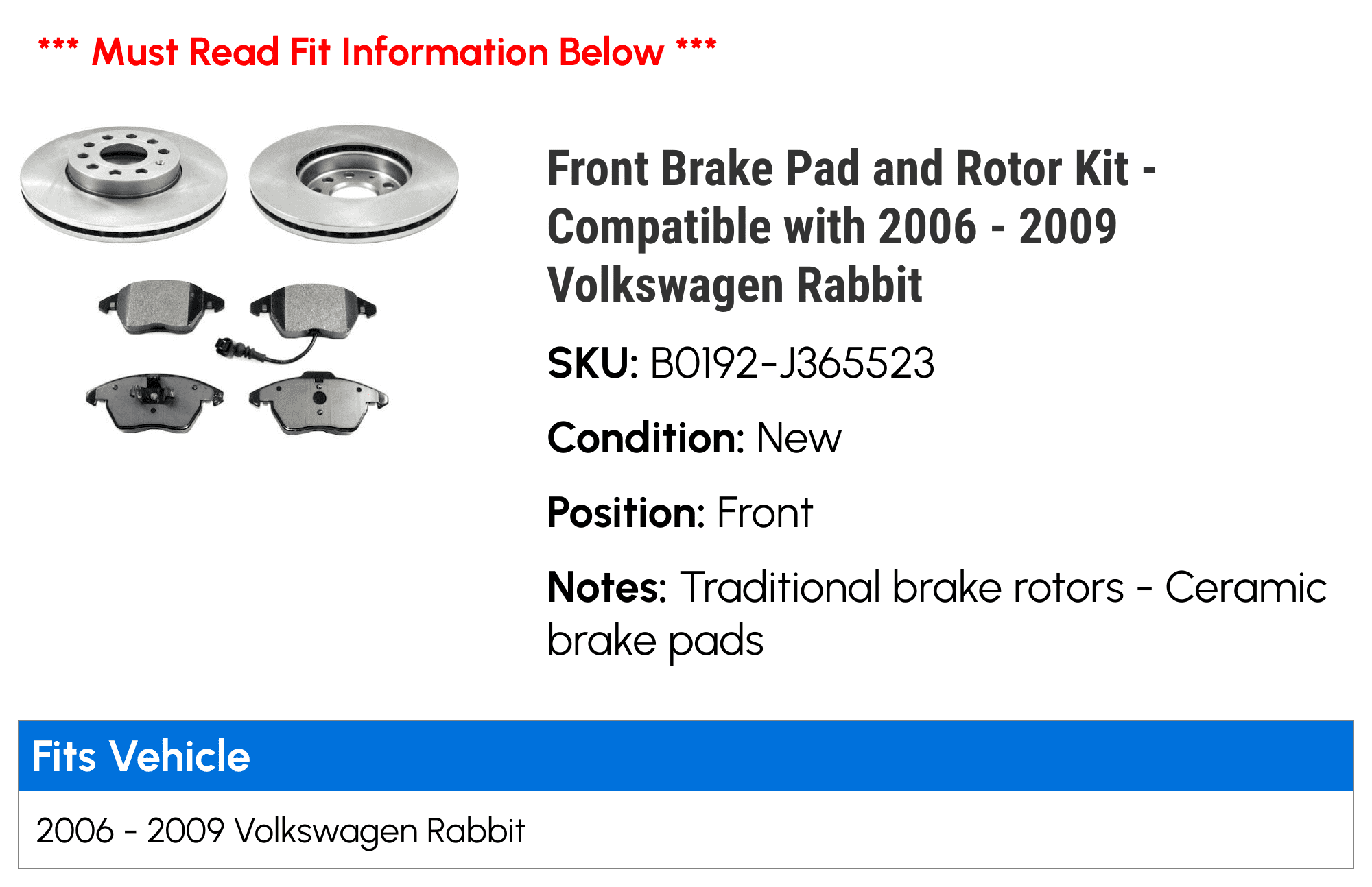 Front Brake Pad and Rotor Kit - Compatible with 2006 - 2009 Volkswagen Rabbit 2007 2008