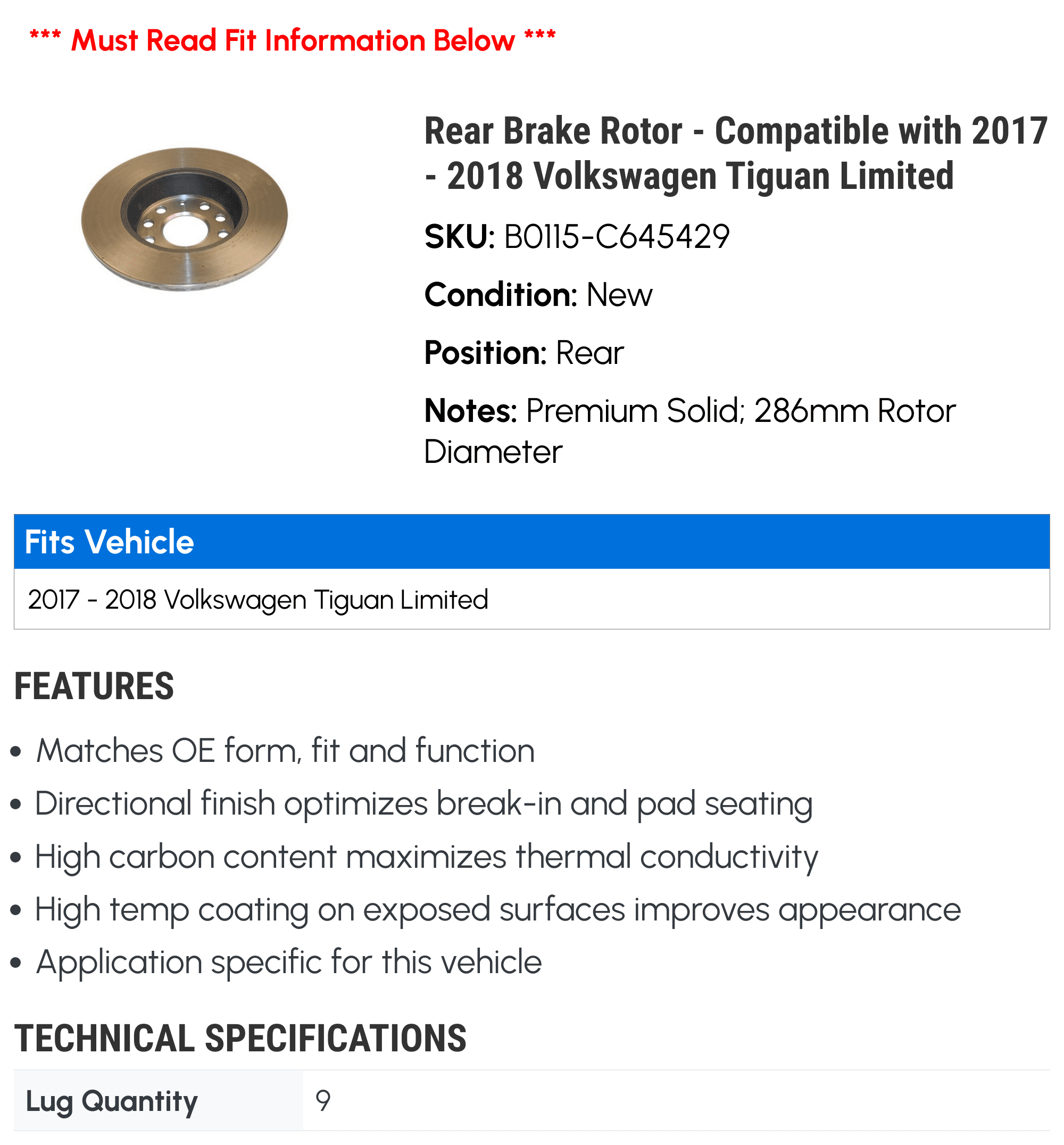 Rear Brake Rotor - Compatible with 2017 - 2018 Volkswagen Tiguan Limited