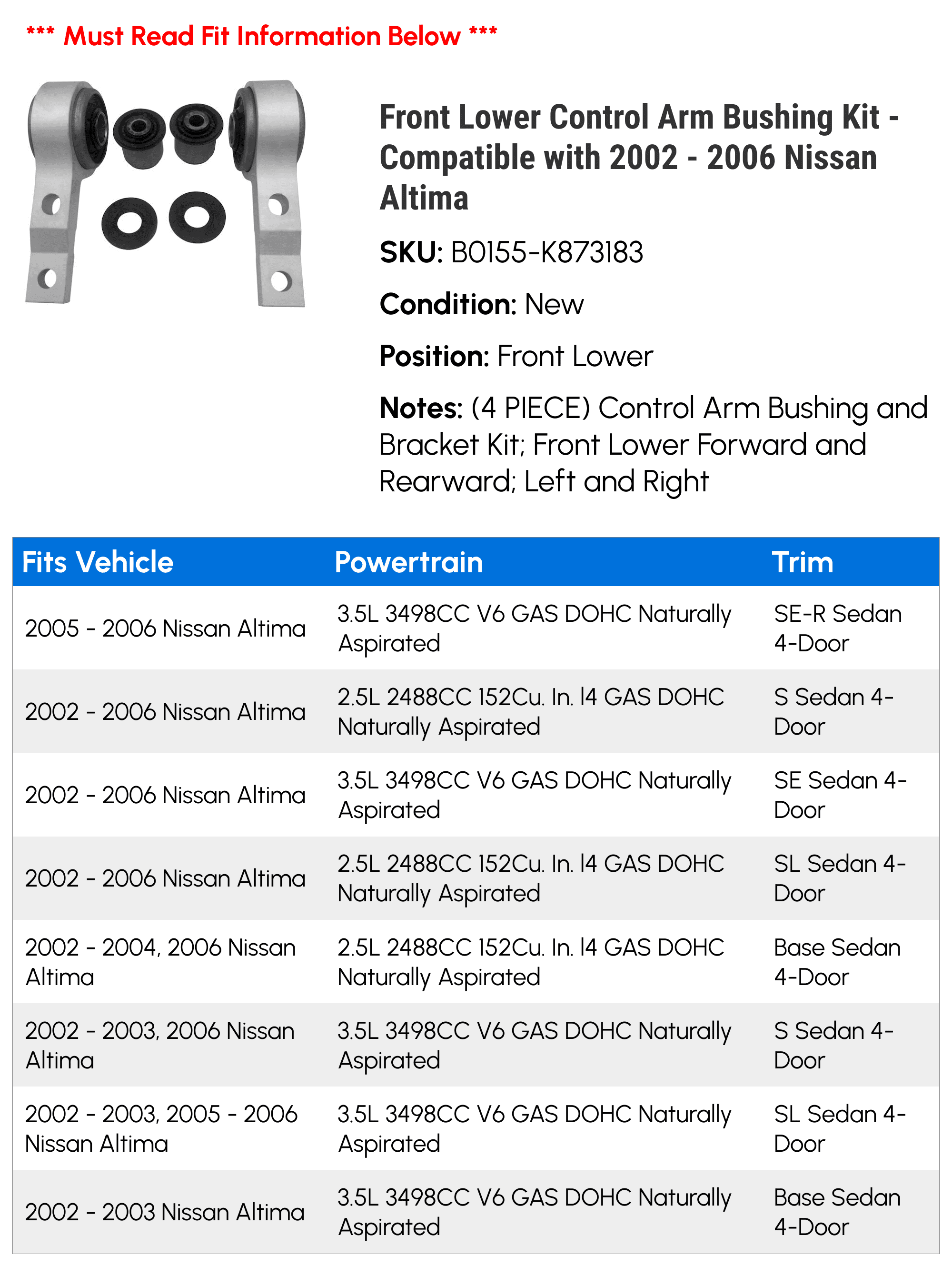 Front Lower Control Arm Bushing Kit - Compatible with 2002 - 2006 Nissan Altima 2003 2004 2005