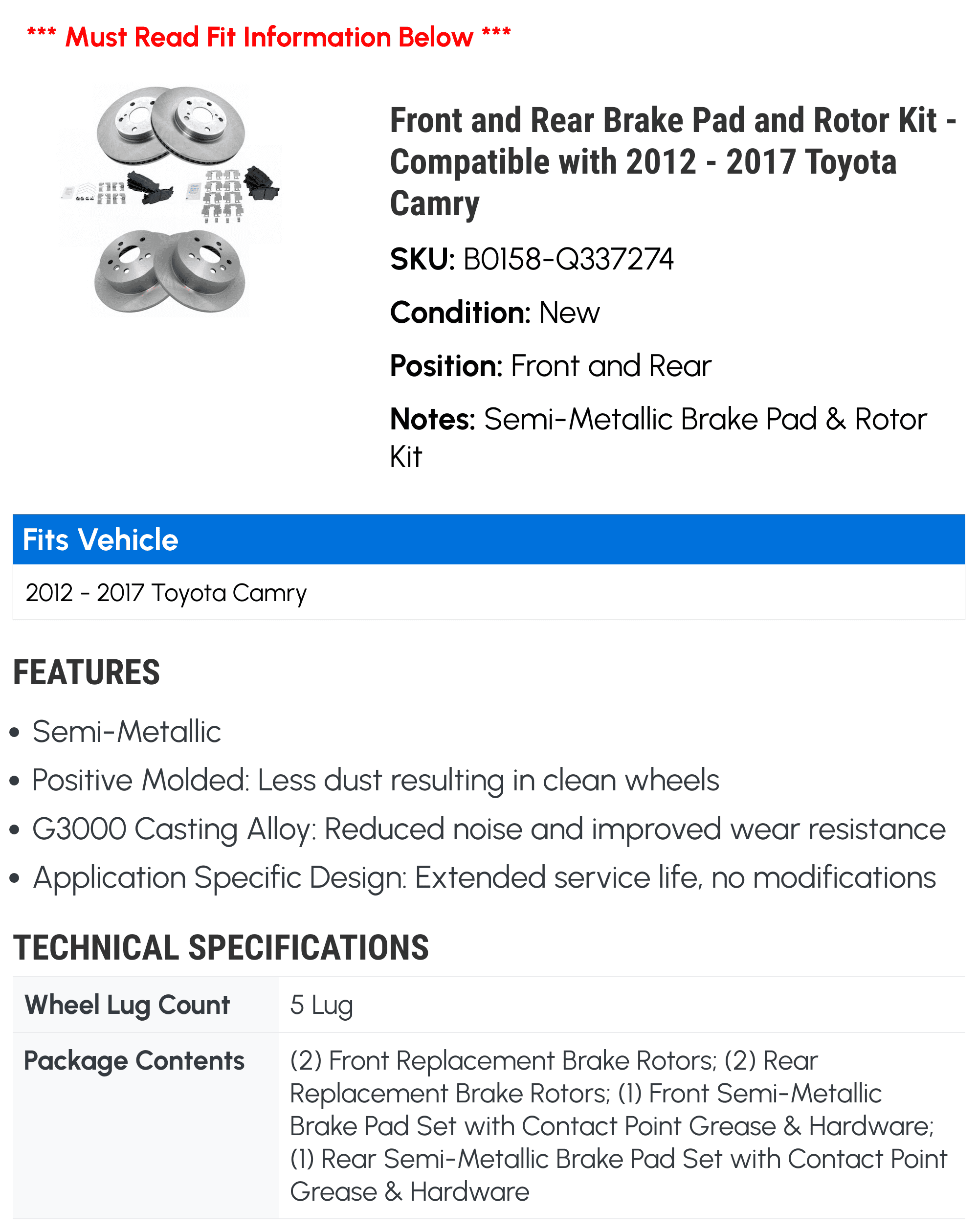 Front and Rear Brake Pad and Rotor Kit - Compatible with 2012 - 2017 Toyota Camry 2013 2014 2015 2016