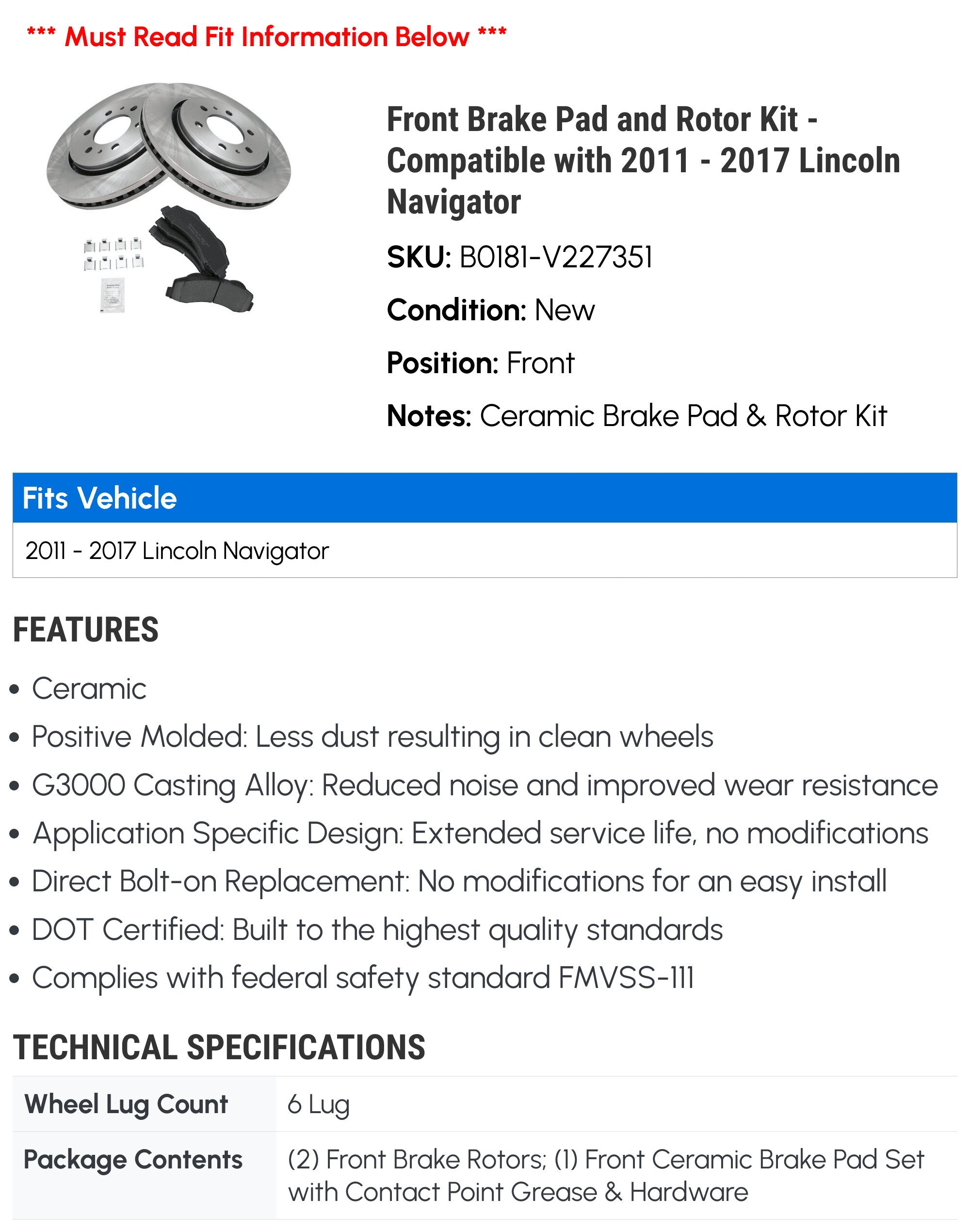 Front Brake Pad and Rotor Kit - Compatible with 2011 - 2017 Lincoln Navigator 2012 2013 2014 2015 2016