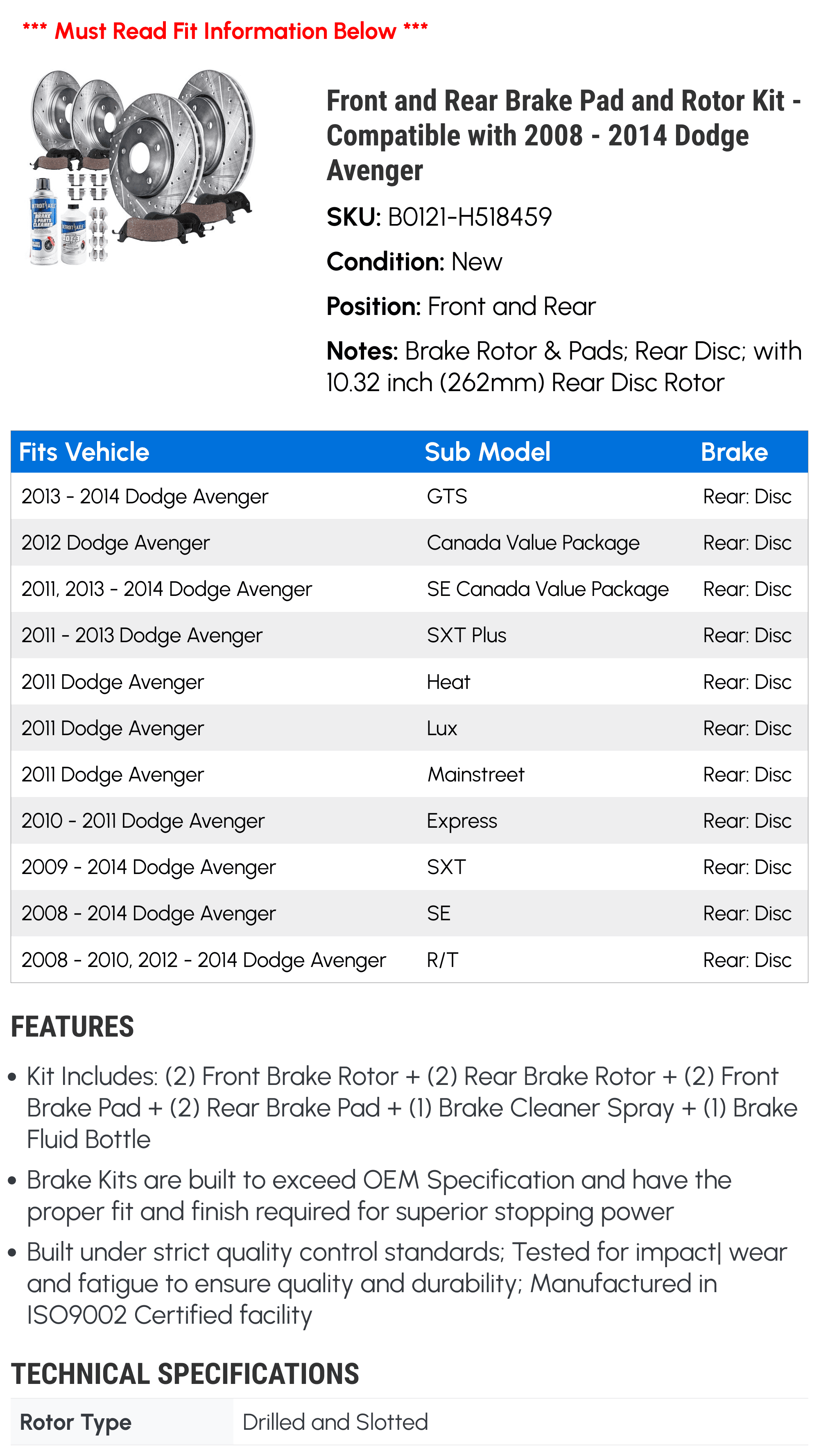 Front and Rear Brake Pad and Rotor Kit - Compatible with 2008 - 2014 Dodge Avenger 2009 2010 2011 2012 2013