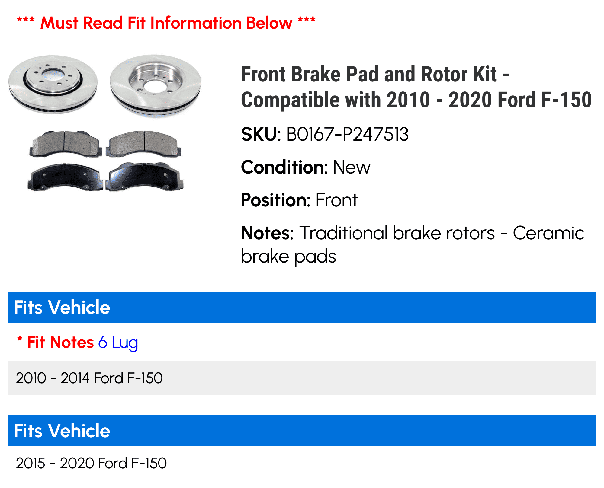 Front Brake Pad and Rotor Kit - Compatible with 2010 - 2020 Ford F-150 2011 2012 2013 2014 2015 2016 2017 2018 2019