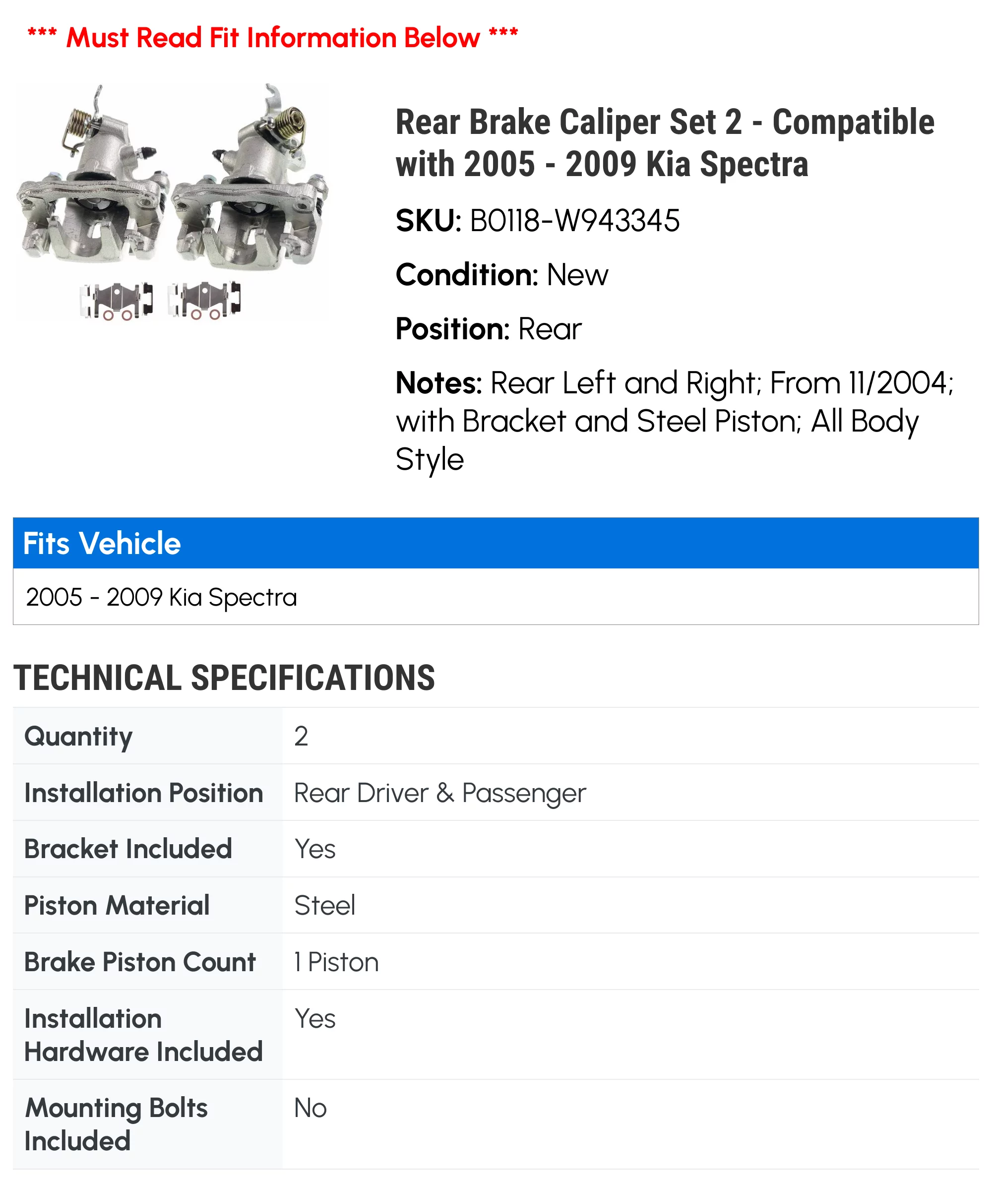 Rear Brake Caliper Set 2 - Compatible with 2005 - 2009 Kia Spectra 2006 2007 2008
