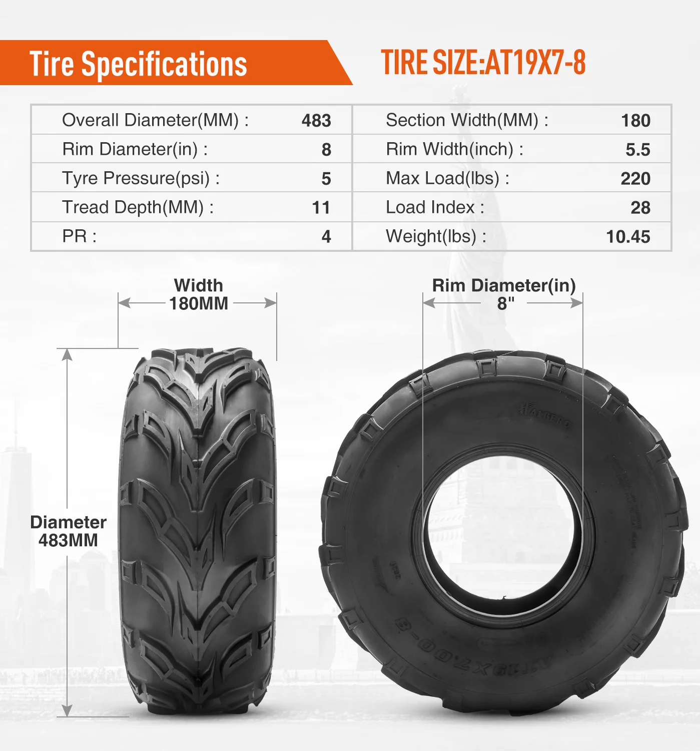 HALBERD 19x7-8 19x7x8 Sport ATV Tires 4PR Mini Bike UTV Off-Road Tire Tubeless All-Terrain Mud Sand Trial Tire