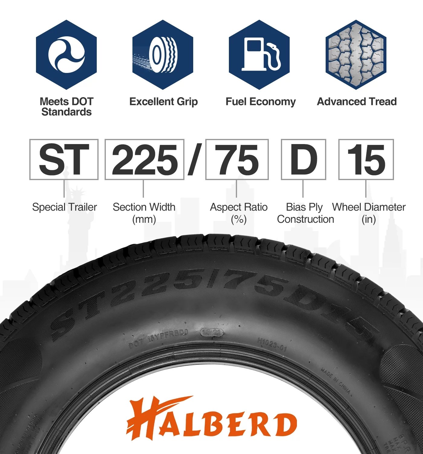 Set Of 4 HALBERD 8Ply ST225/75D15 Trailer Tires 225 75 15 Load Range D Fuel-saving Replacement Tire