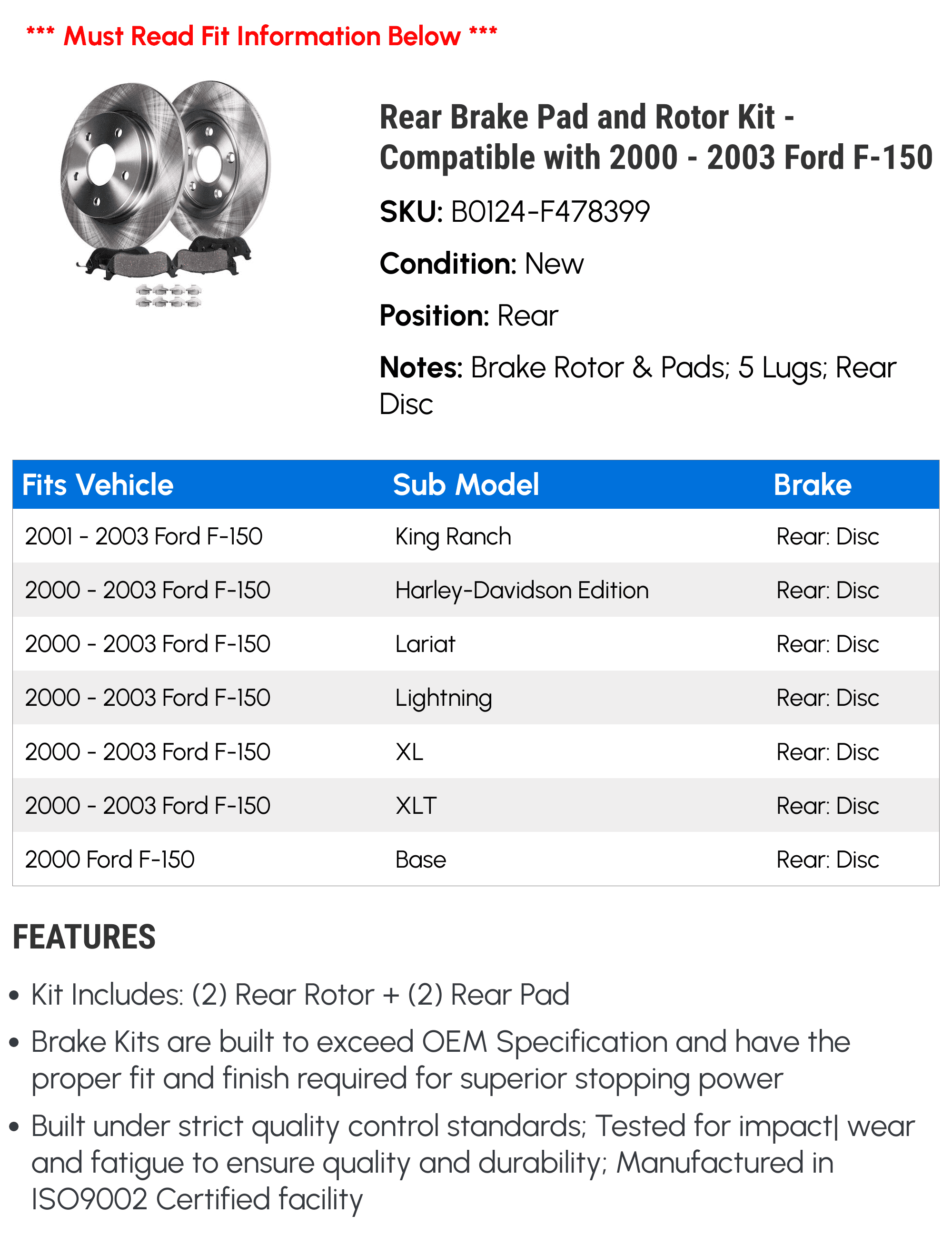 Rear Brake Pad and Rotor Kit - Compatible with 2000 - 2003 Ford F-150 2001 2002