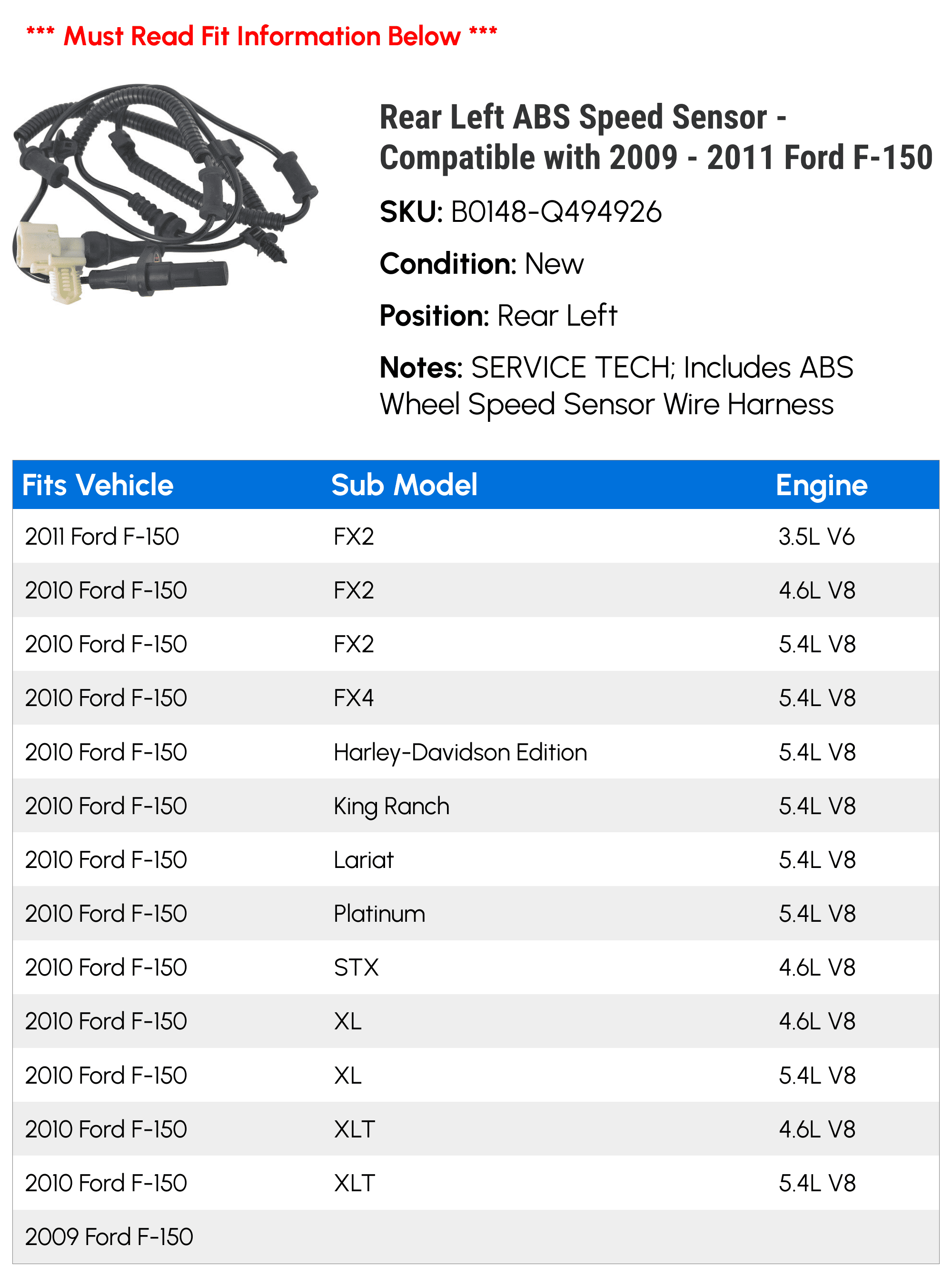 Rear Left ABS Speed Sensor - Compatible with 2009 - 2011 Ford F-150 2010