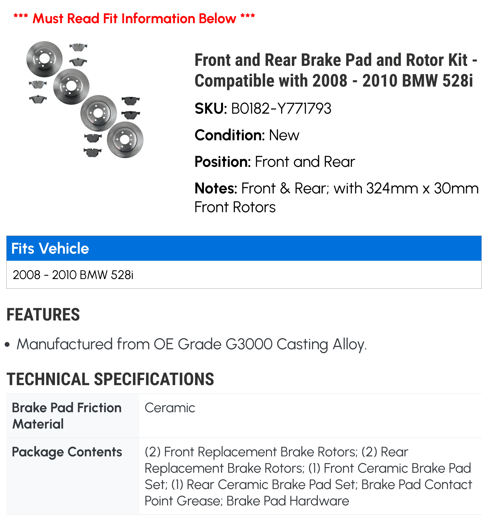 Front and Rear Brake Pad and Rotor Kit - Compatible with 2008 - 2010 BMW 528i 2009