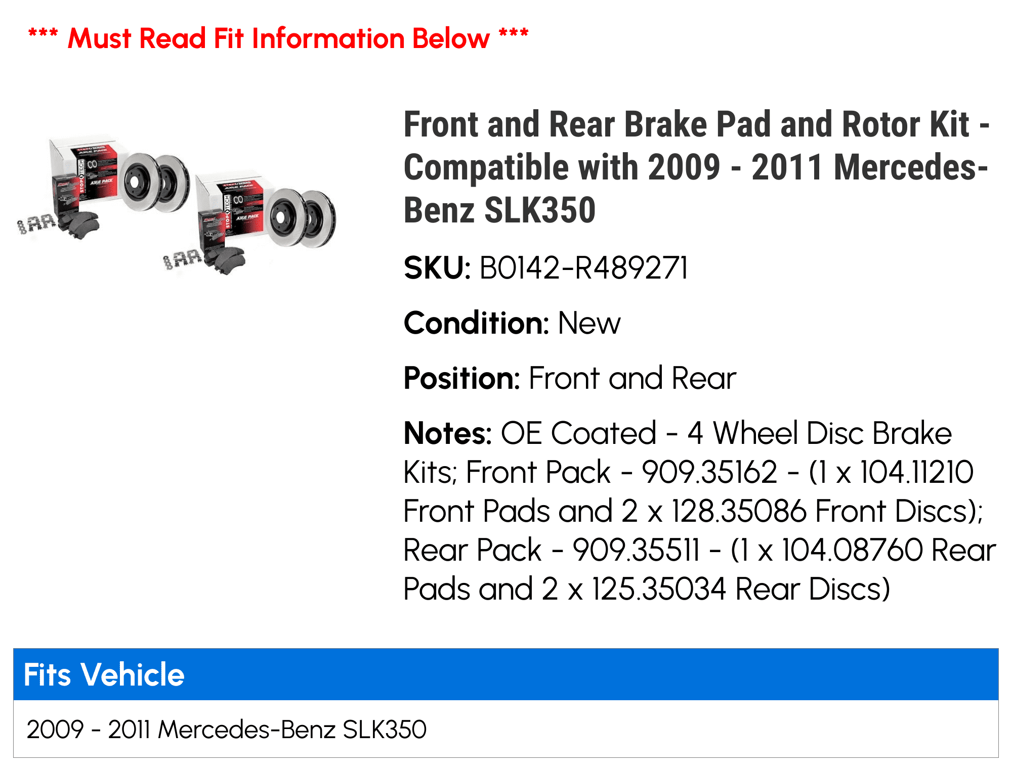 Front and Rear Brake Pad and Rotor Kit - Compatible with 2009 - 2011 Mercedes-Benz SLK350 2010