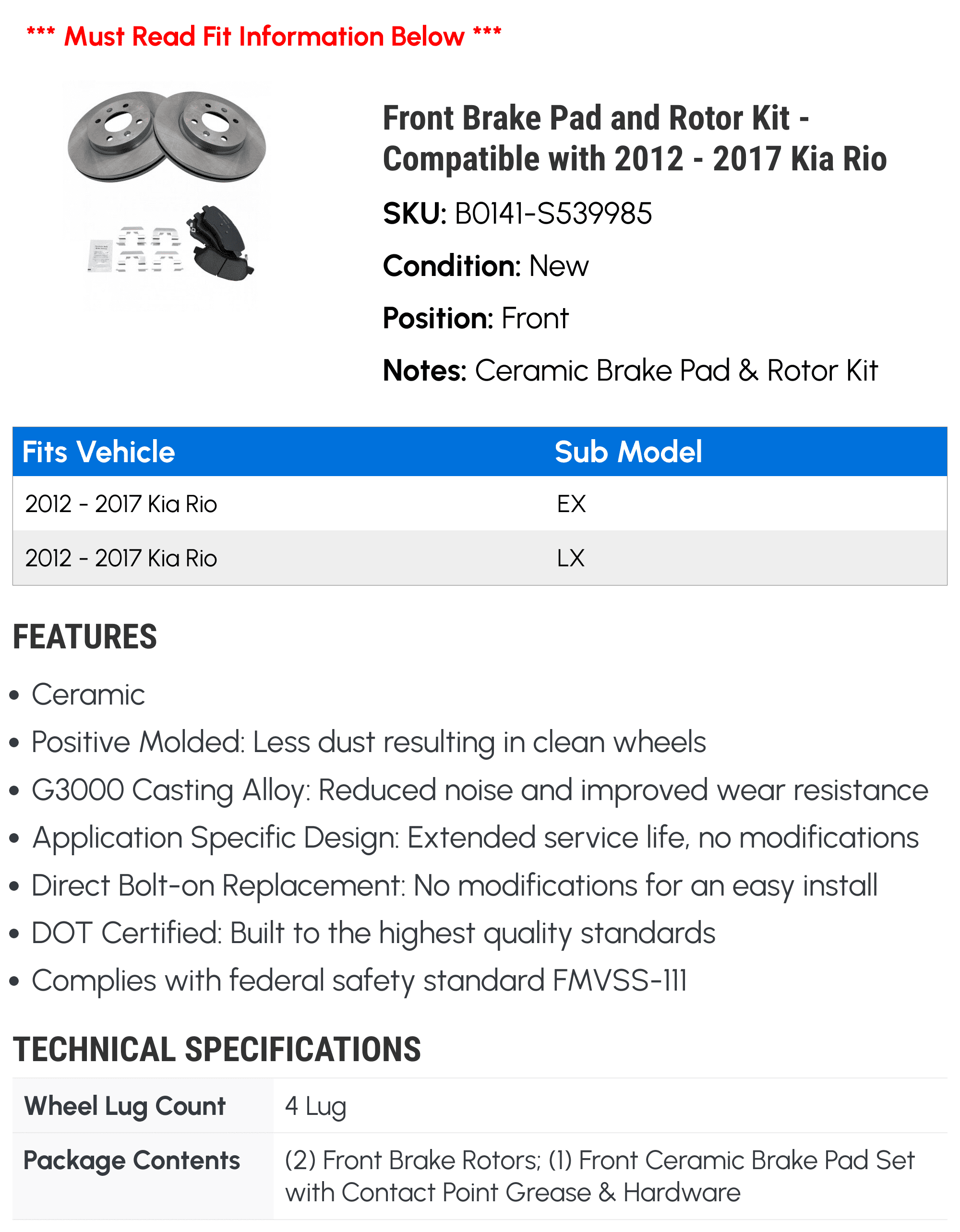 Front Brake Pad and Rotor Kit - Compatible with 2012 - 2017 Kia Rio 2013 2014 2015 2016