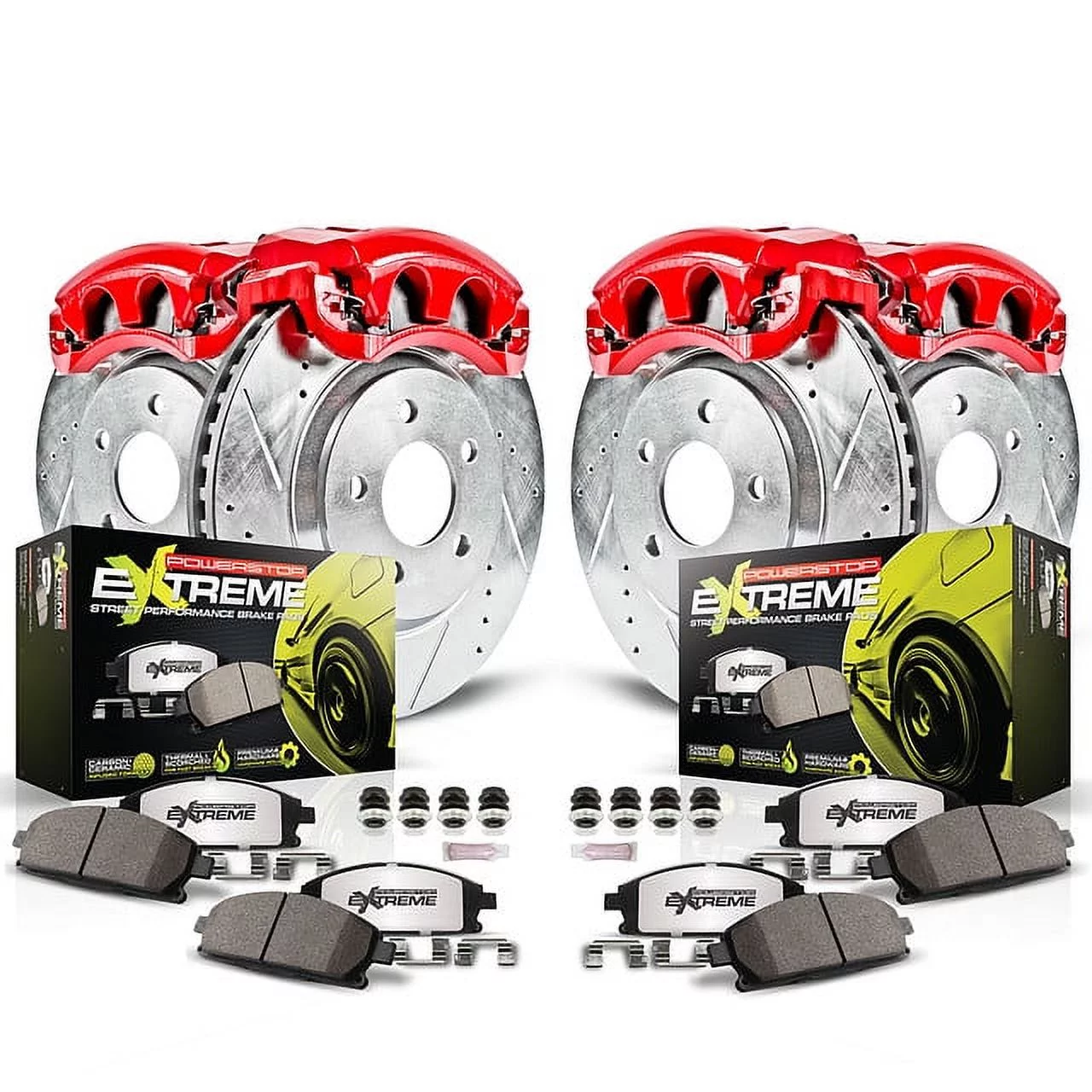Power Stop Front and Rear Street Warrior Brake Kit with Red Powder Coated Calipers KC6110-26 Fits 2008 Subaru Impreza