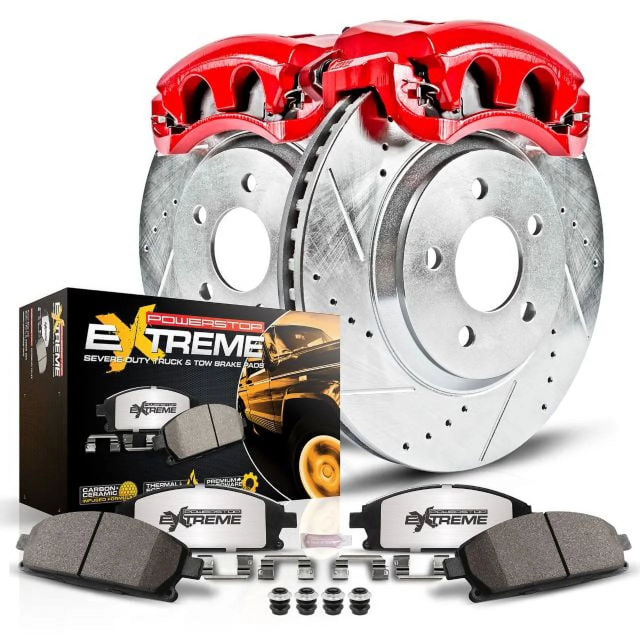 Power Stop Front Z36 Truck & Tow Brake Pad and Rotor Kit with Red Powder Coated Calipers KC5067-36