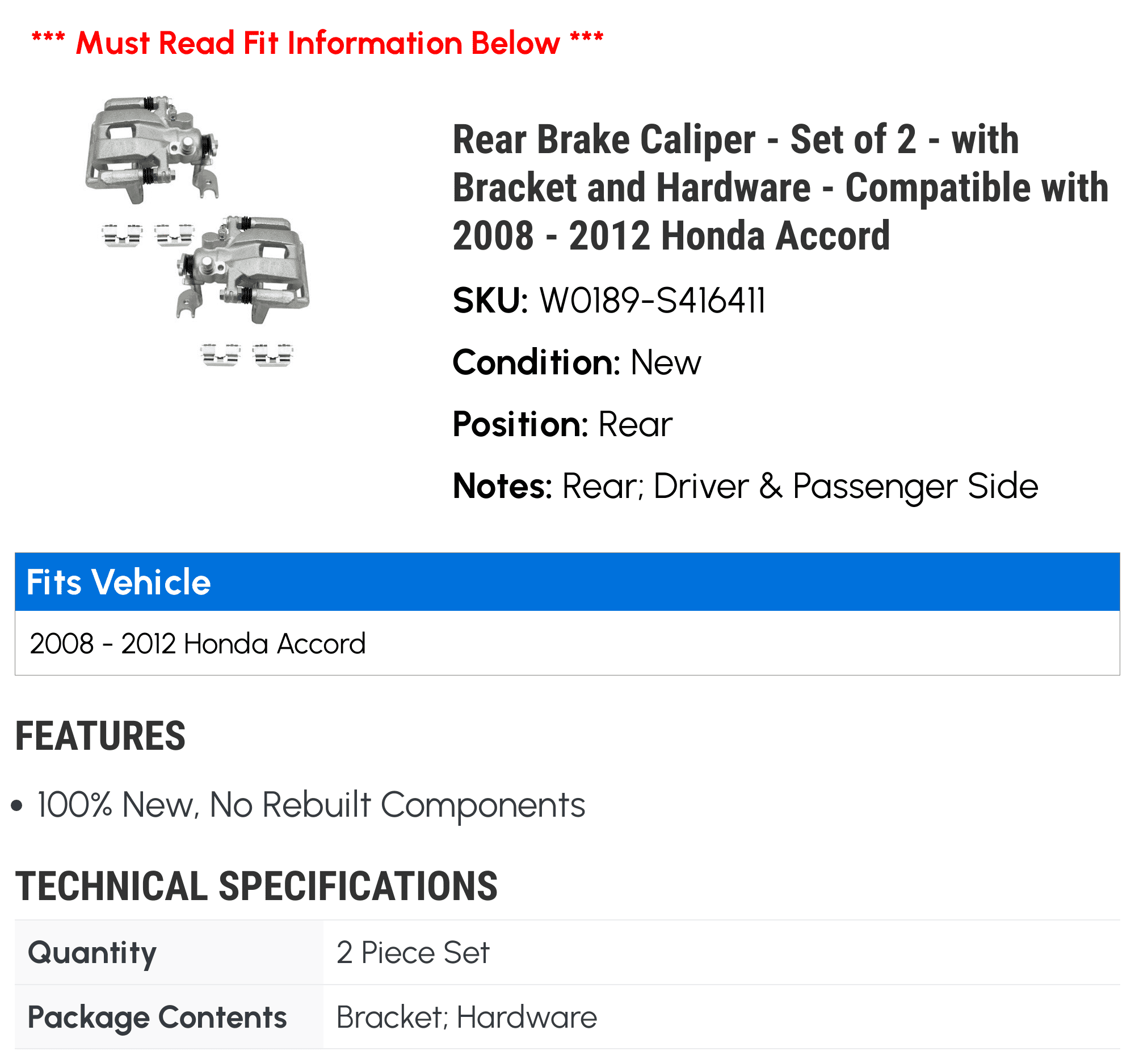 Rear Brake Caliper - Set of 2 - with Bracket and Hardware - Compatible with 2008 - 2012 Honda Accord 2009 2010 2011
