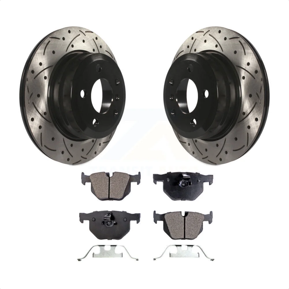 Transit Auto - Rear Coated Drilled Slotted Disc Brake Rotors And Semi-Metallic Pads Kit For BMW X5 X6 KDF-100493
