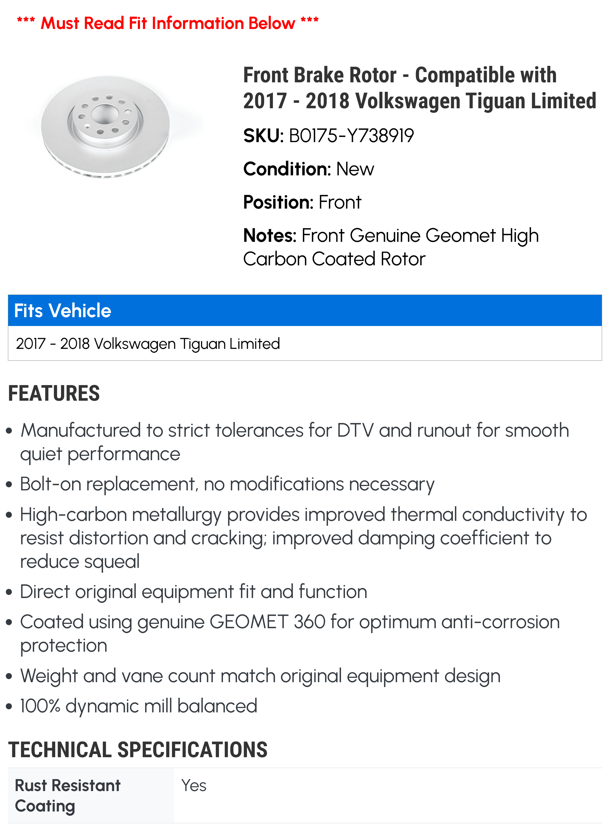 Front Brake Rotor - Compatible with 2017 - 2018 Volkswagen Tiguan Limited