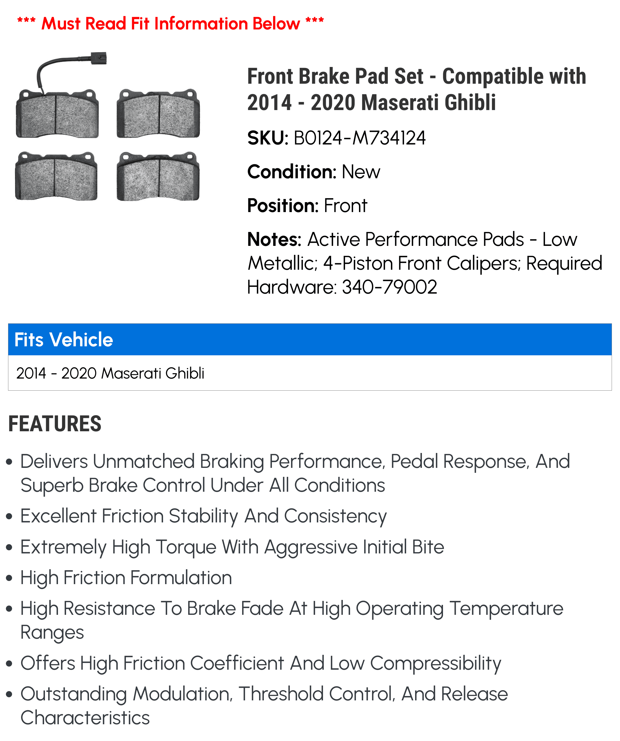 Front Brake Pad Set - Compatible with 2014 - 2020 Maserati Ghibli 2015 2016 2017 2018 2019