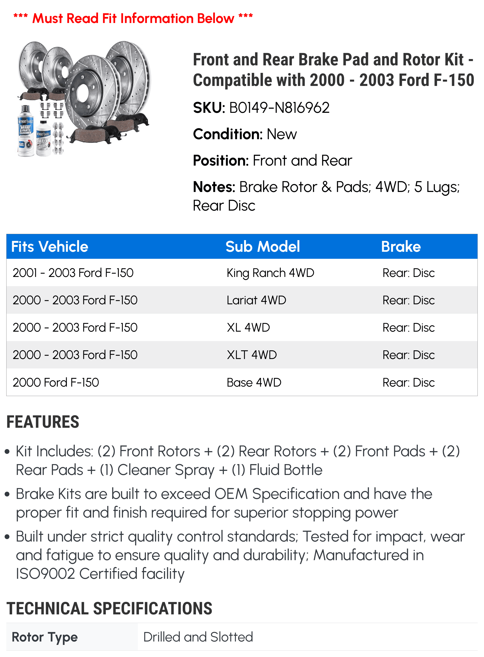 Front and Rear Brake Pad and Rotor Kit - Compatible with 2000 - 2003 Ford F-150 2001 2002