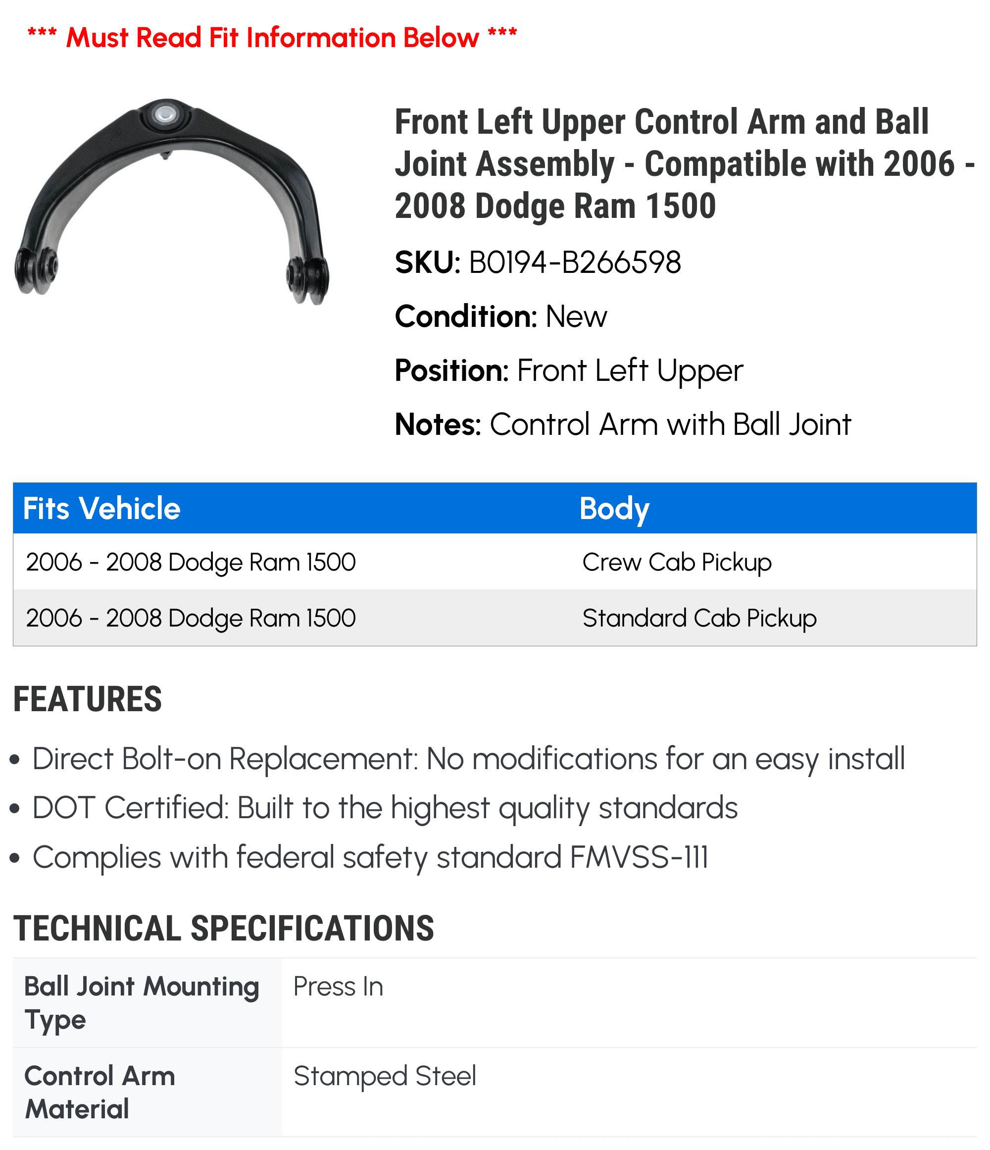 Front Left Upper Control Arm and Ball Joint Assembly - Compatible with 2006 - 2008 Dodge Ram 1500 2007
