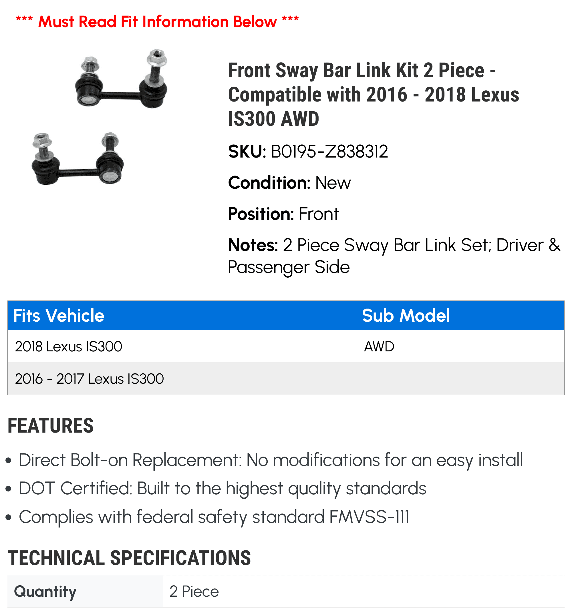 Front Sway Bar Link Kit 2 Piece - Compatible with 2016 - 2018 IS300 AWD 2017