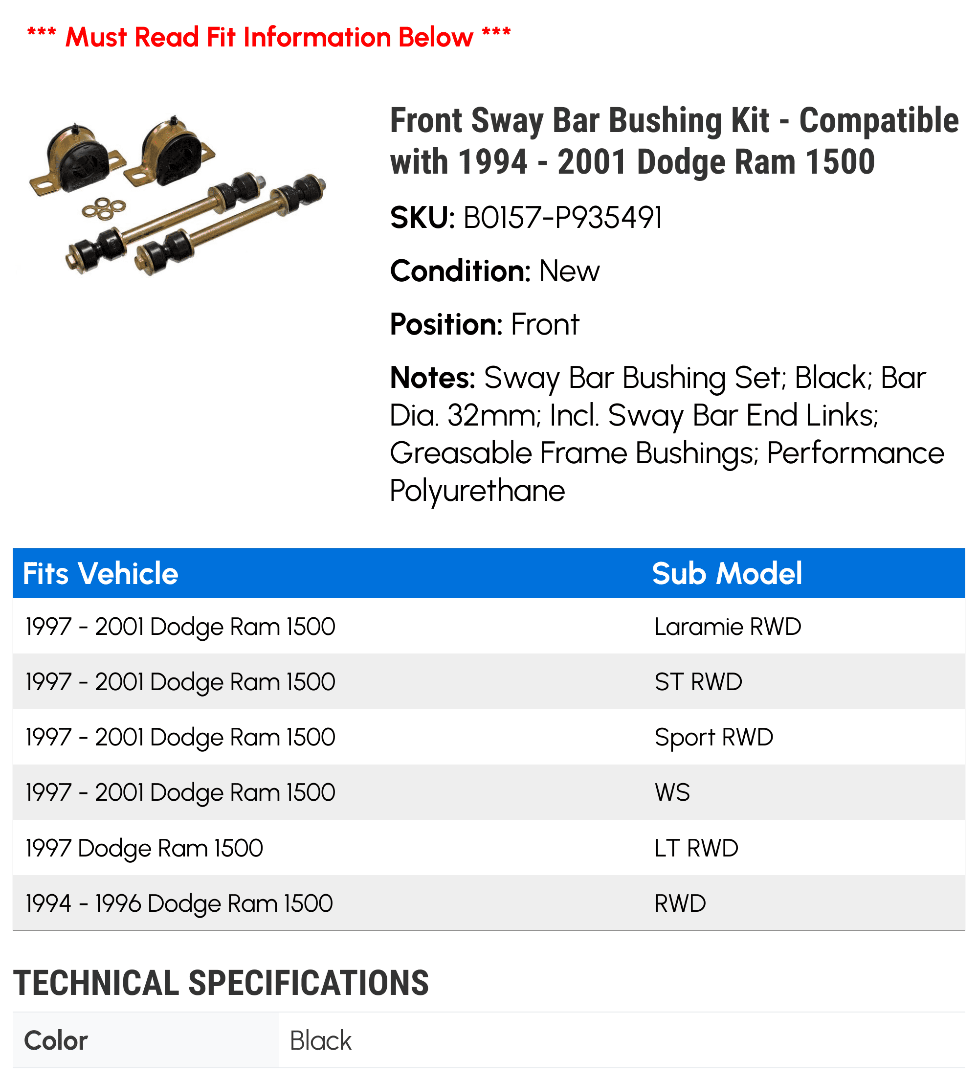 Front Sway Bar Bushing Kit - Compatible with 1994 - 2001 Dodge Ram 1500 1995 1996 1997 1998 1999 2000
