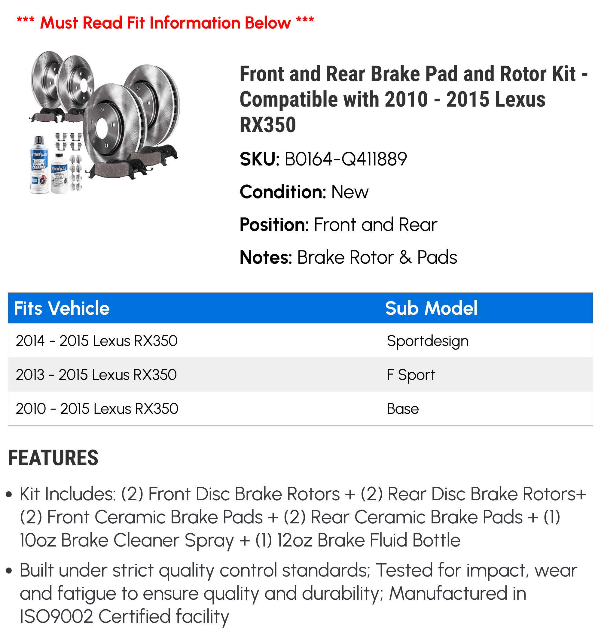 Front and Rear Brake Pad and Rotor Kit - Compatible with 2010 - 2015 RX350 2011 2012 2013 2014