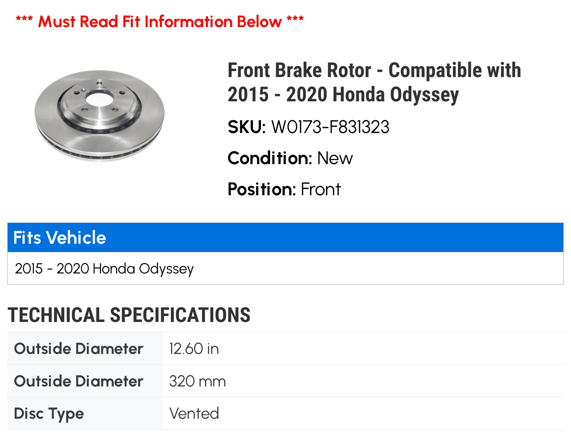 Front Brake Rotor - Compatible with 2015 - 2020 Honda Odyssey 2016 2017 2018 2019