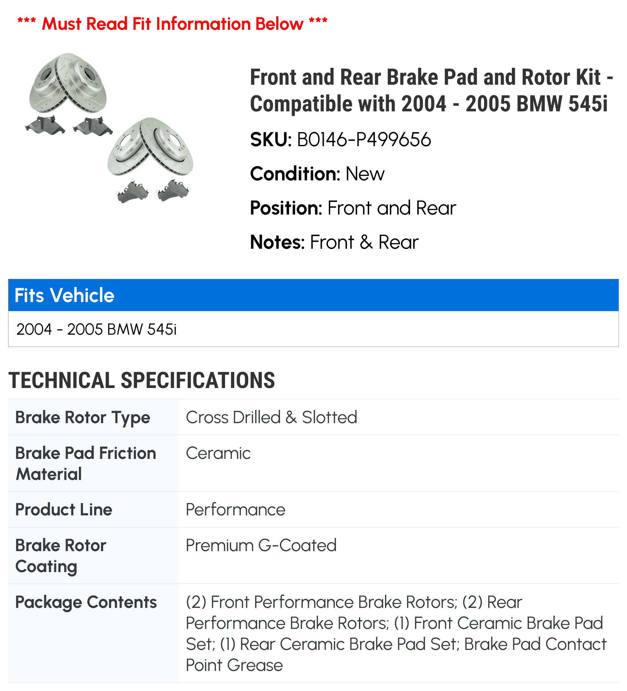 Front and Rear Brake Pad and Rotor Kit - Compatible with 2004 - 2005 BMW 545i