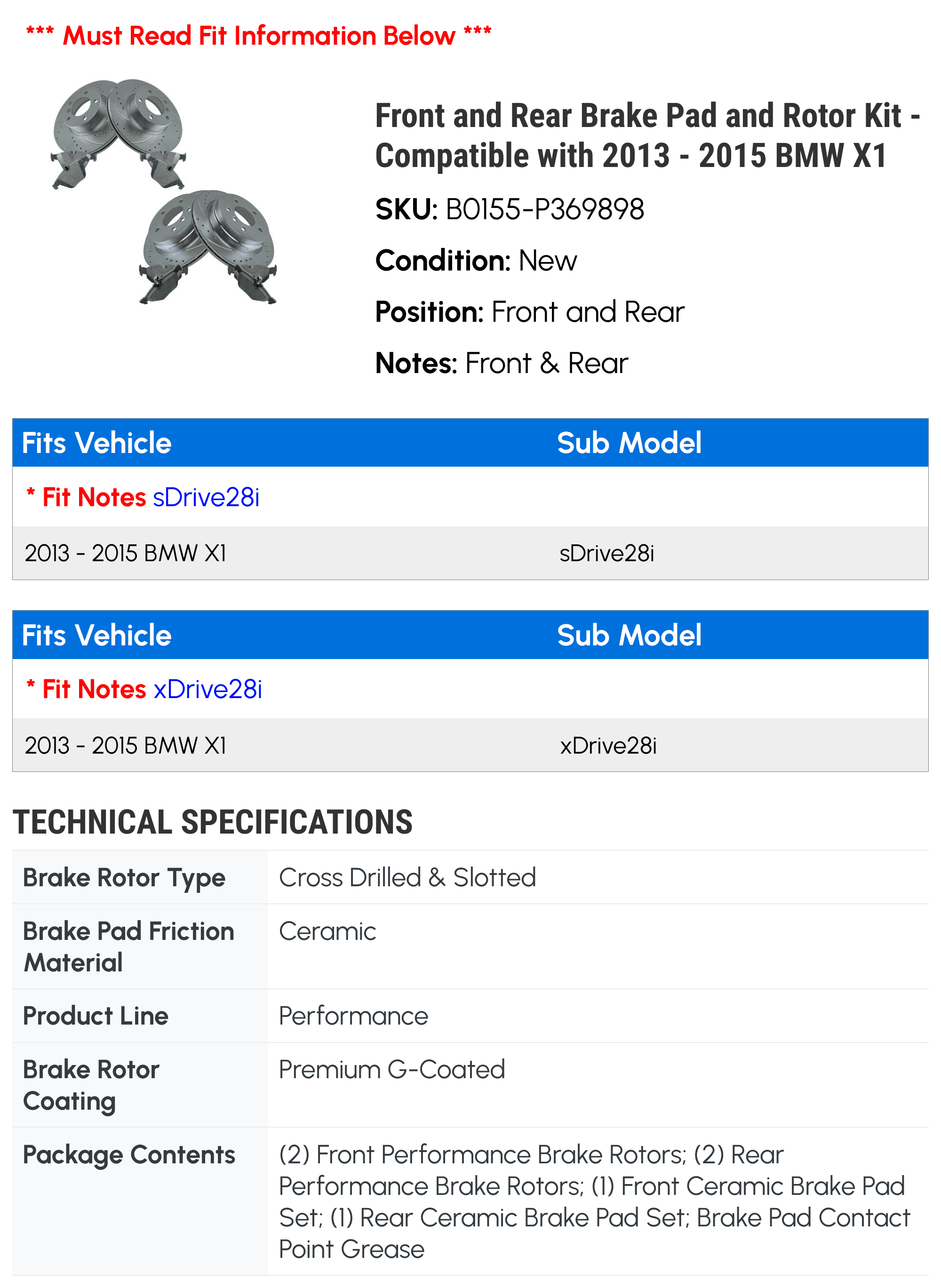 Front and Rear Brake Pad and Rotor Kit - Compatible with 2013 - 2015 BMW X1 2014