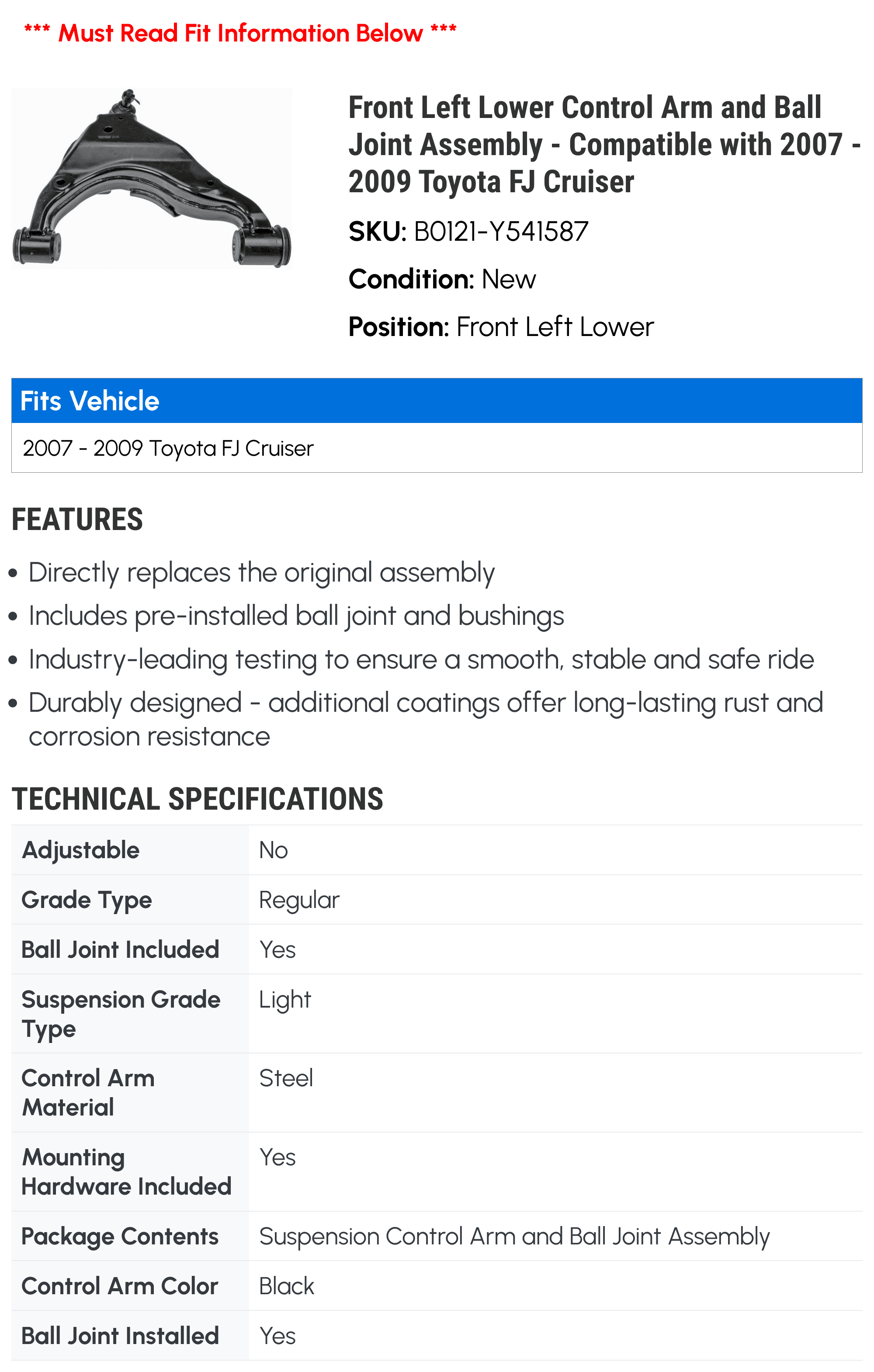 Front Left Lower Control Arm and Ball Joint Assembly - Compatible with 2007 - 2009 Toyota FJ Cruiser 2008