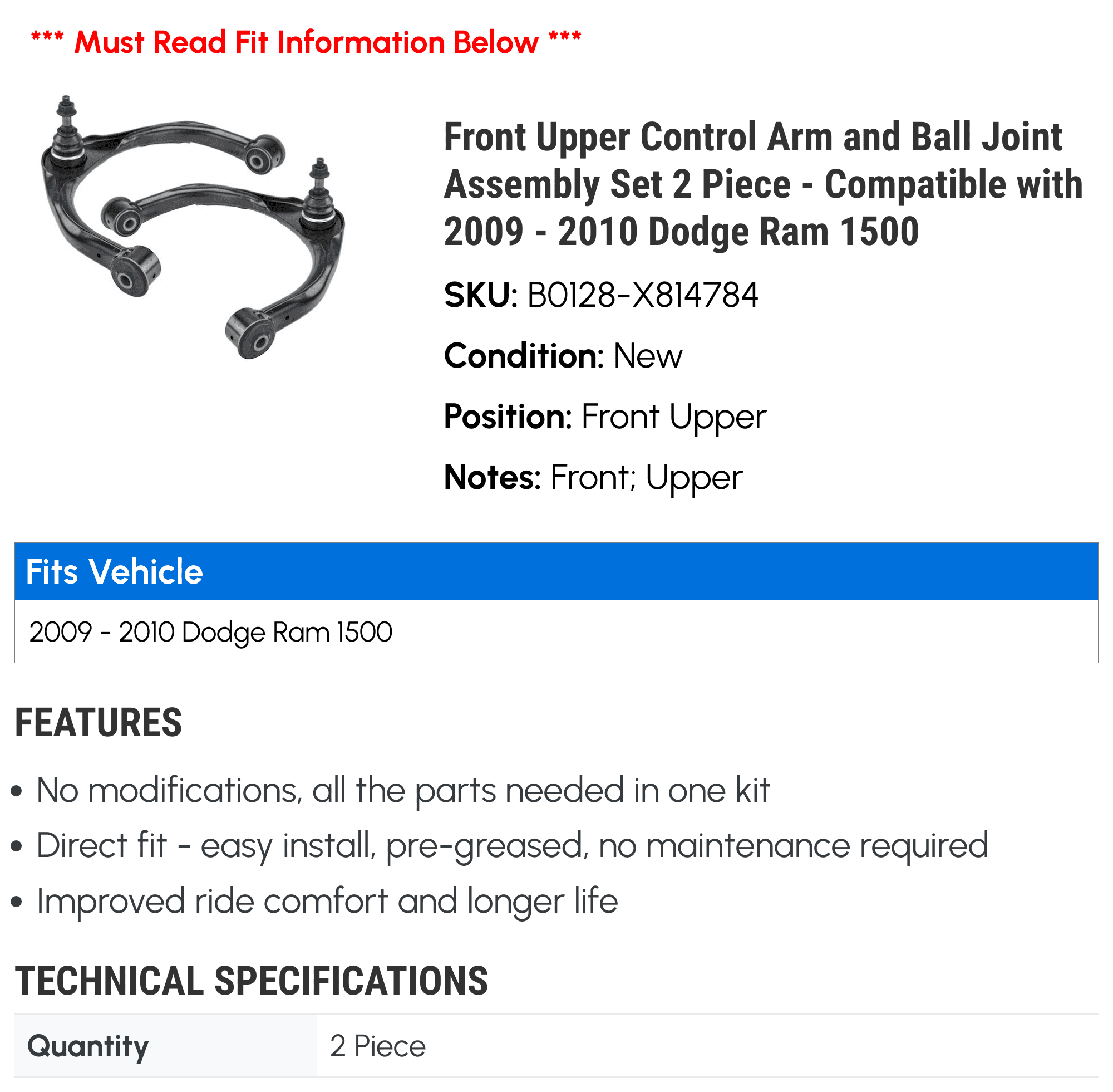 Front Upper Control Arm and Ball Joint Assembly Set 2 Piece - Compatible with 2009 - 2010 Dodge Ram 1500