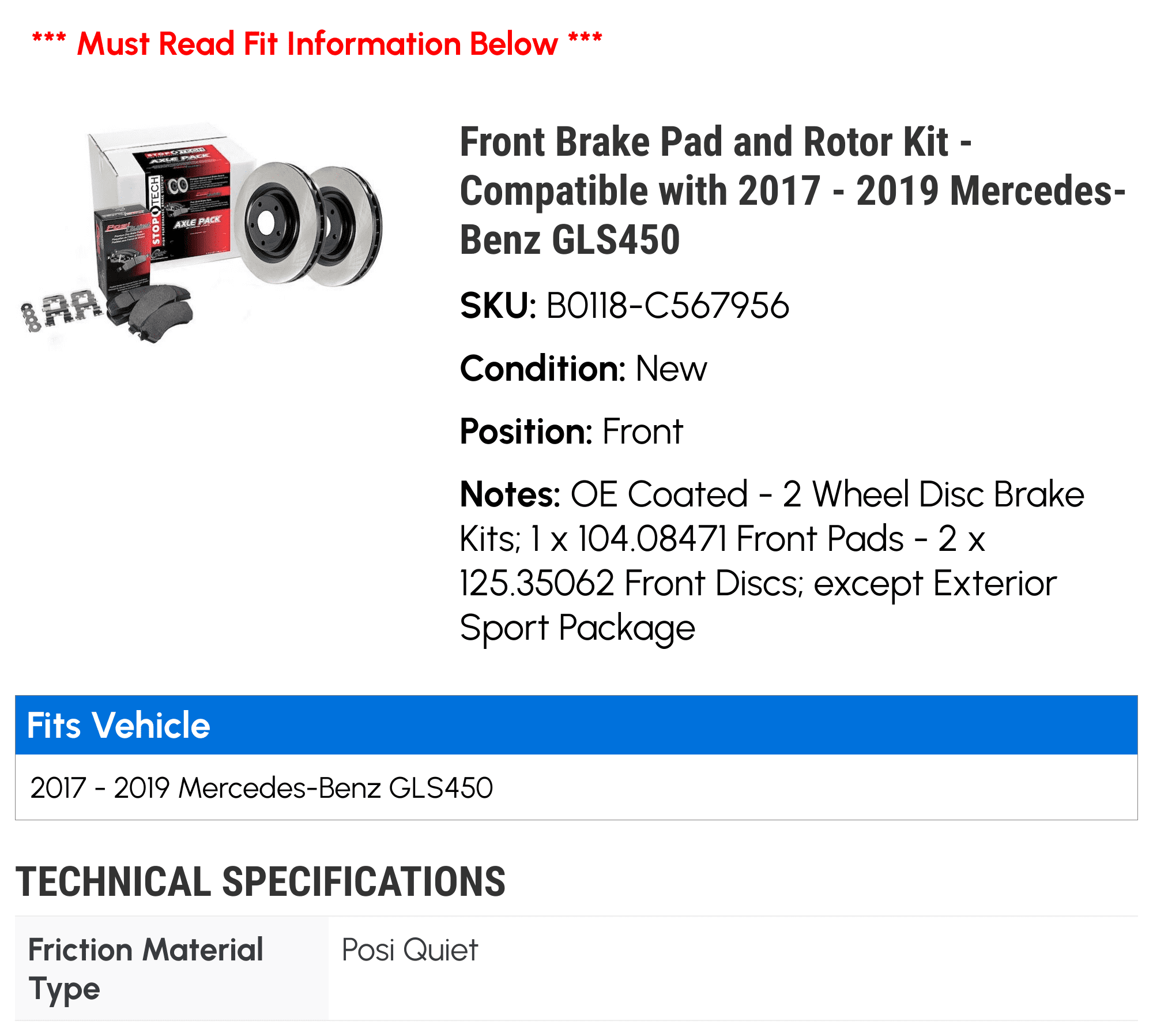 Front Brake Pad and Rotor Kit - Compatible with 2017 - 2019 Mercedes-Benz GLS450 2018