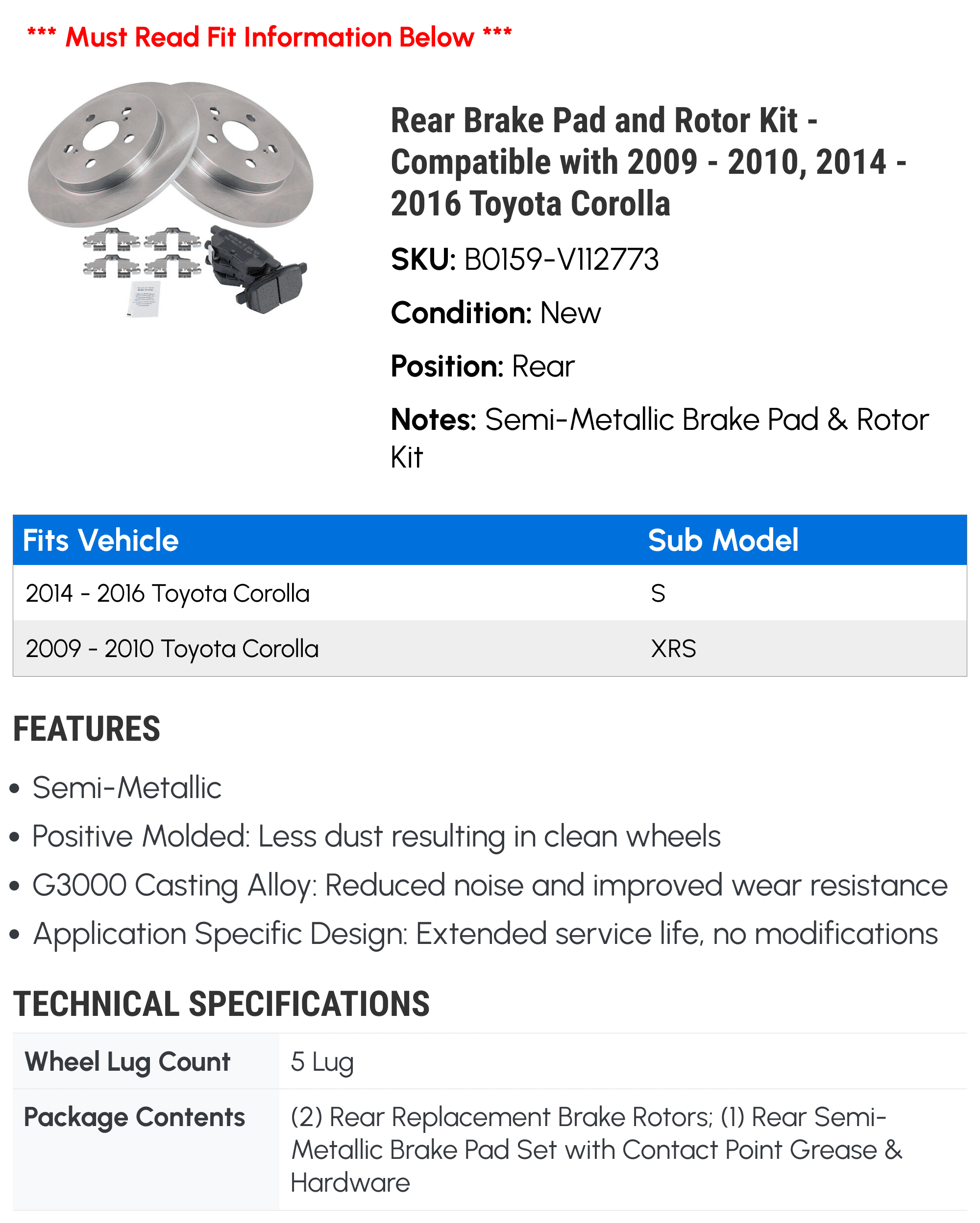 Rear Brake Pad and Rotor Kit - Compatible with 2009 - 2010, 2014 - 2016 Toyota Corolla 2015