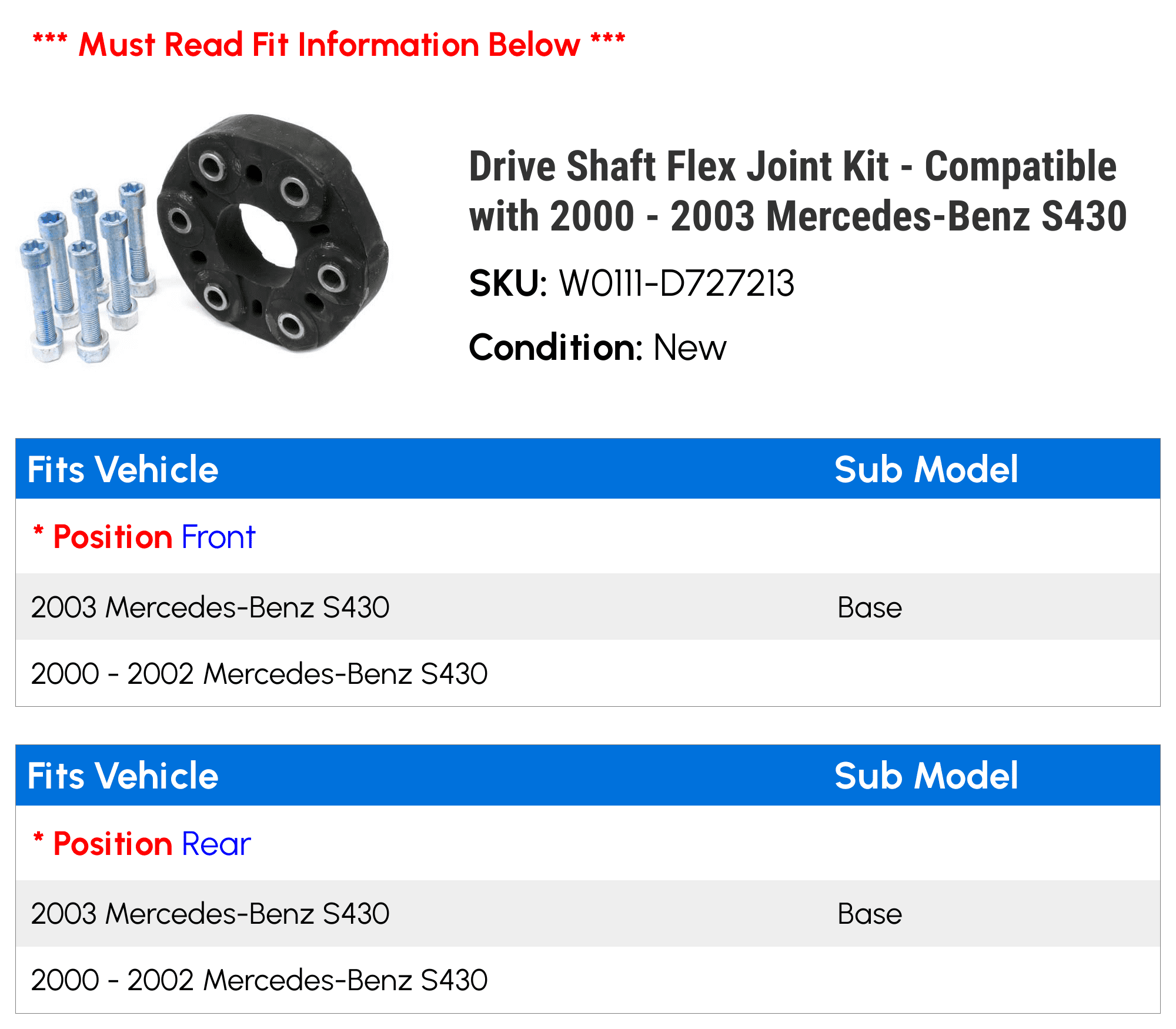 Drive Shaft Flex Joint Kit - Compatible with 2000 - 2003 Mercedes-Benz S430 2001 2002