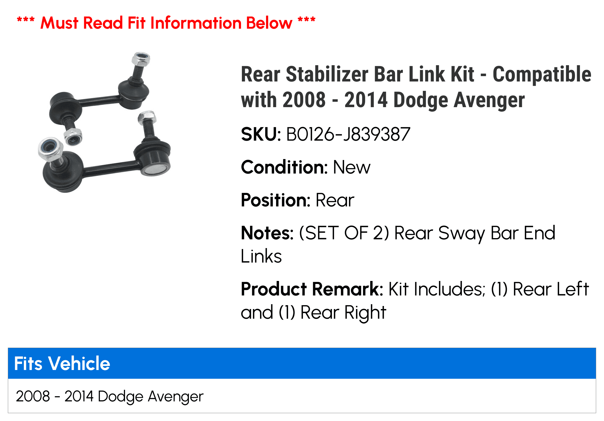 Rear Stabilizer Bar Link Kit - Compatible with 2008 - 2014 Dodge Avenger 2009 2010 2011 2012 2013