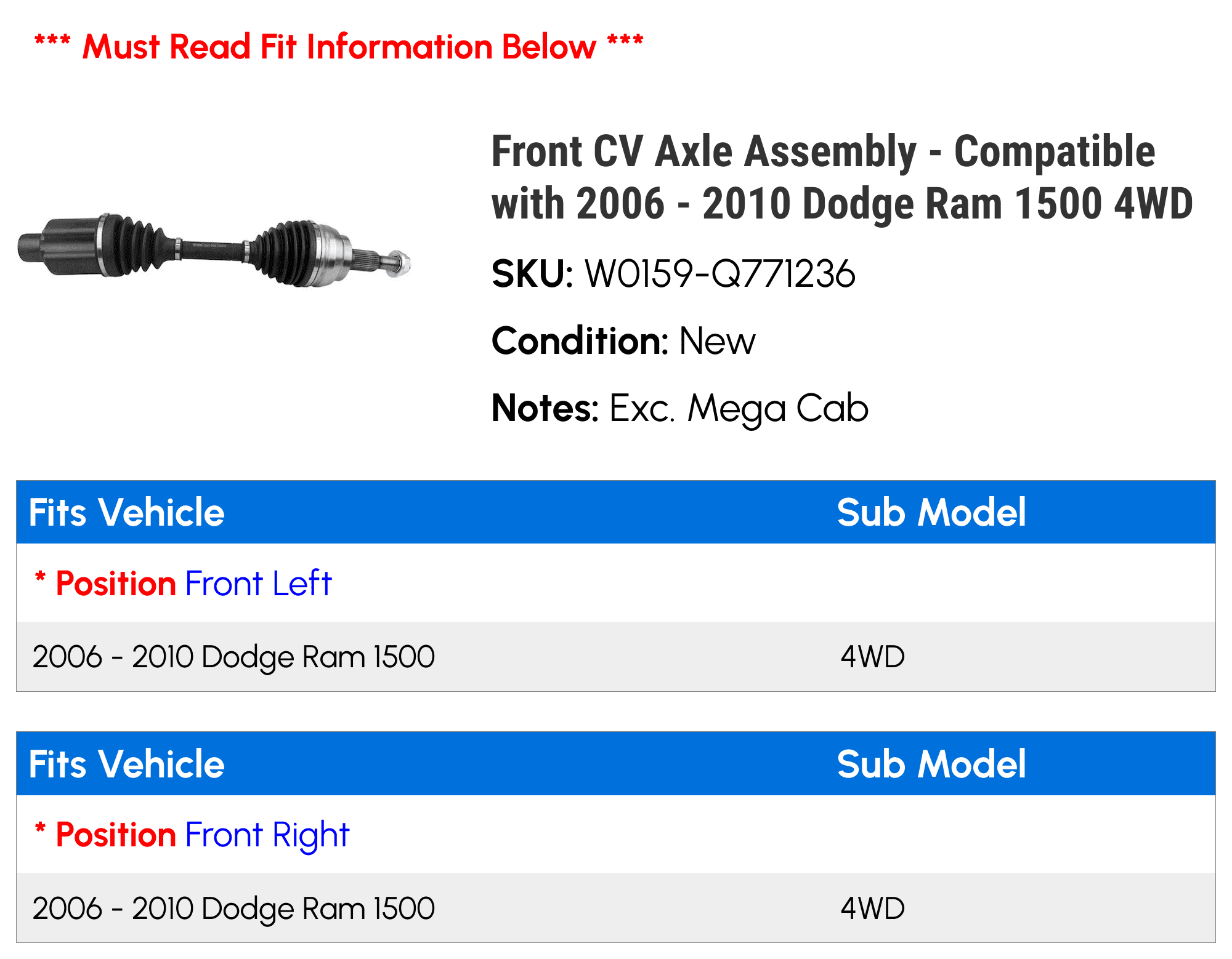 Front CV Axle Assembly - Compatible with 2006 - 2010 Dodge Ram 1500 4WD 2007 2008 2009