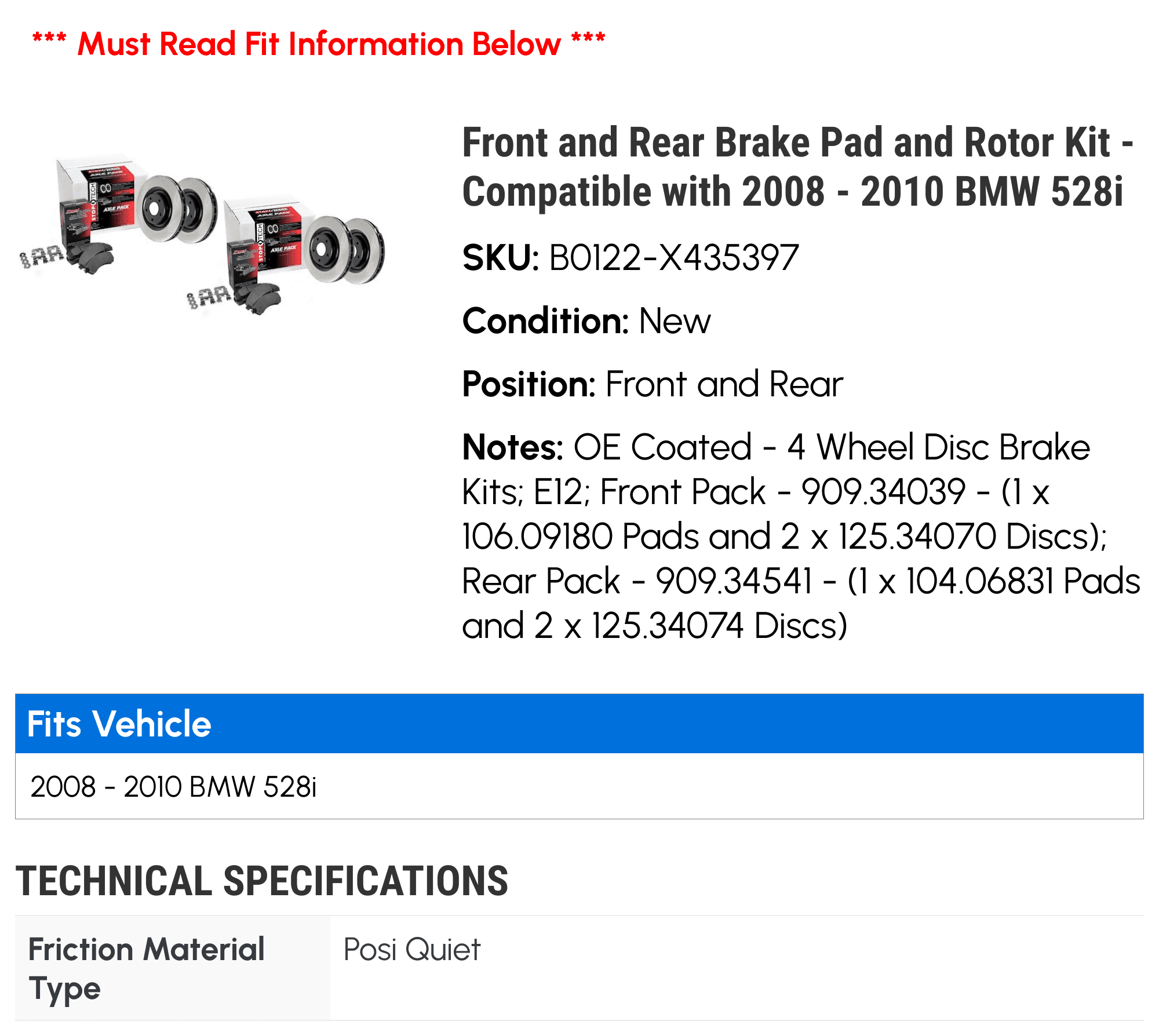 Front and Rear Brake Pad and Rotor Kit - Compatible with 2008 - 2010 BMW 528i 2009