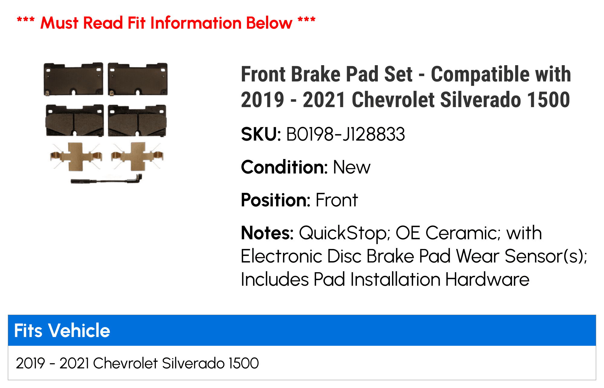 Front Brake Pad Set - Compatible with 2019 - 2021 Chevy Silverado 1500 2020
