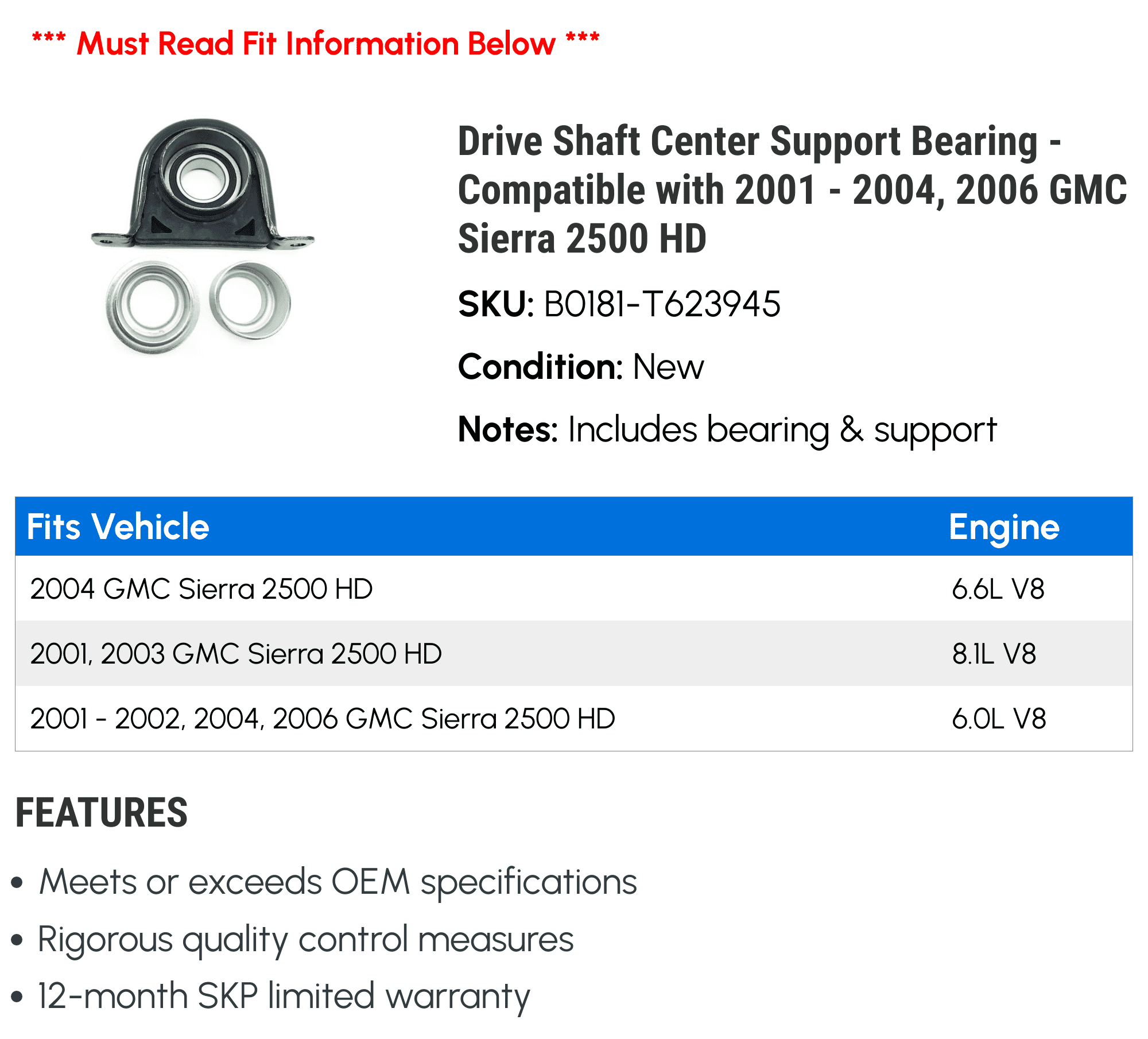 Drive Shaft Center Support Bearing - Compatible with 2001 - 2004, 2006 GMC Sierra 2500 HD 2002 2003
