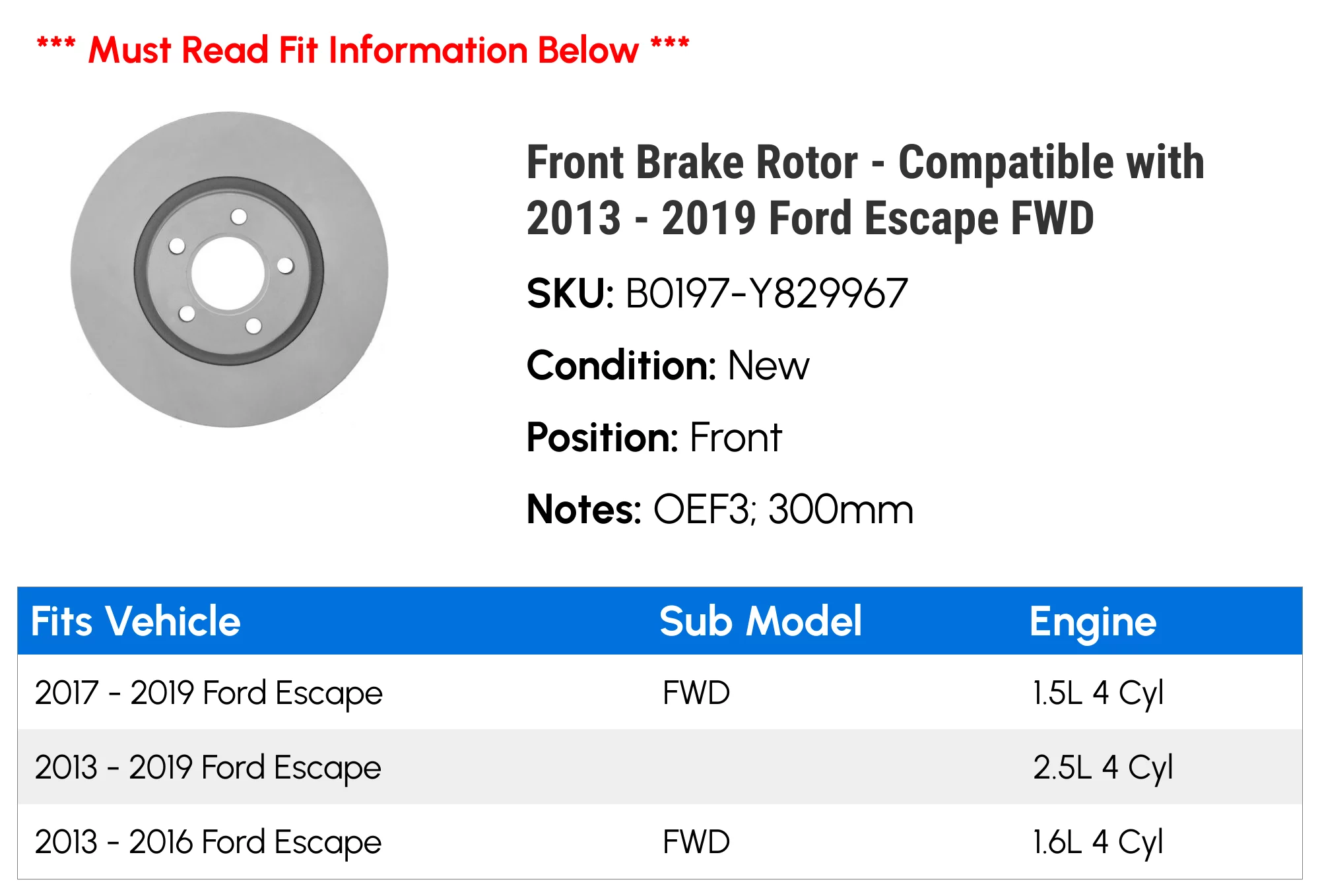 Front Brake Rotor - Compatible with 2013 - 2019 Ford Escape FWD 2014 2015 2016 2017 2018