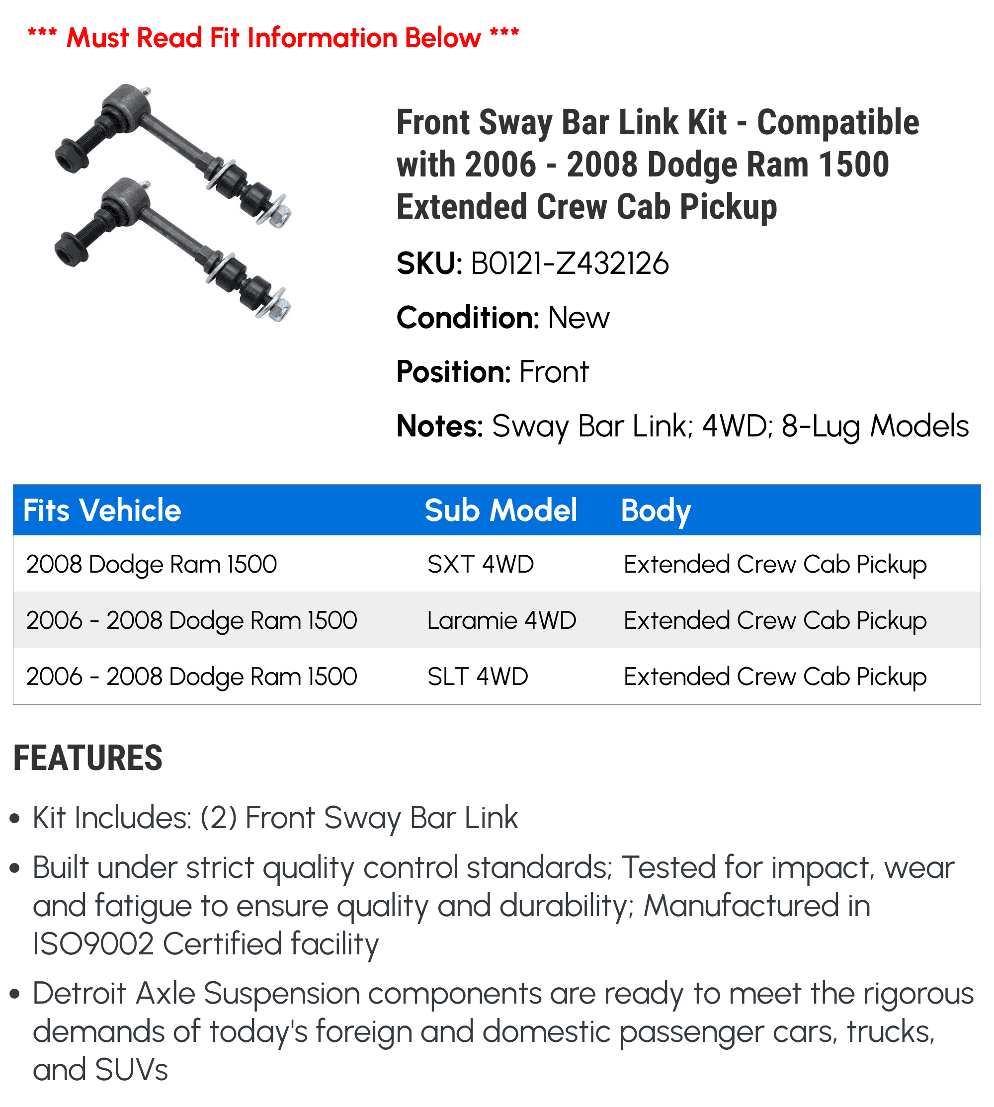 Front Sway Bar Link Kit - Compatible with 2006 - 2008 Dodge Ram 1500 Extended Crew Cab Pickup 2007