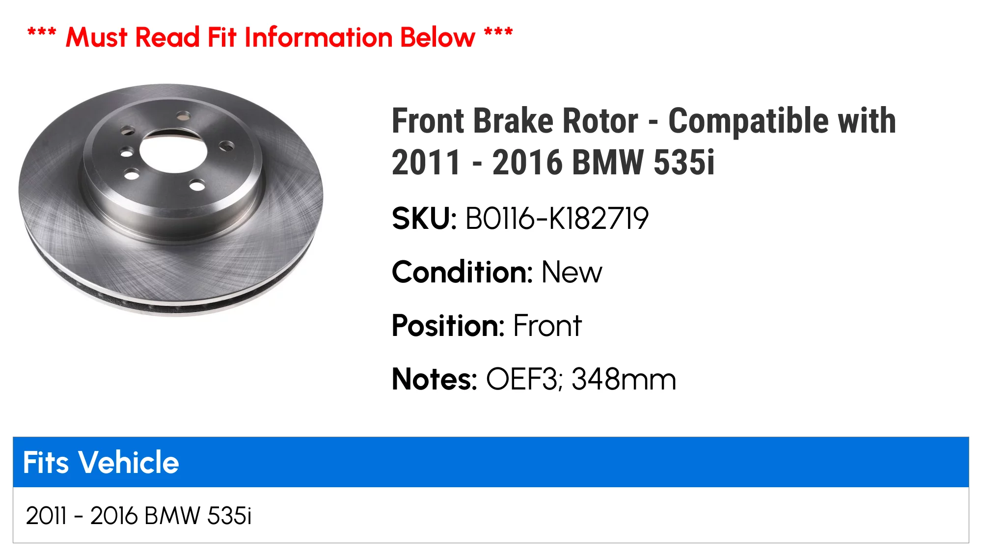 Front Brake Rotor - Compatible with 2011 - 2016 BMW 535i 2012 2013 2014 2015