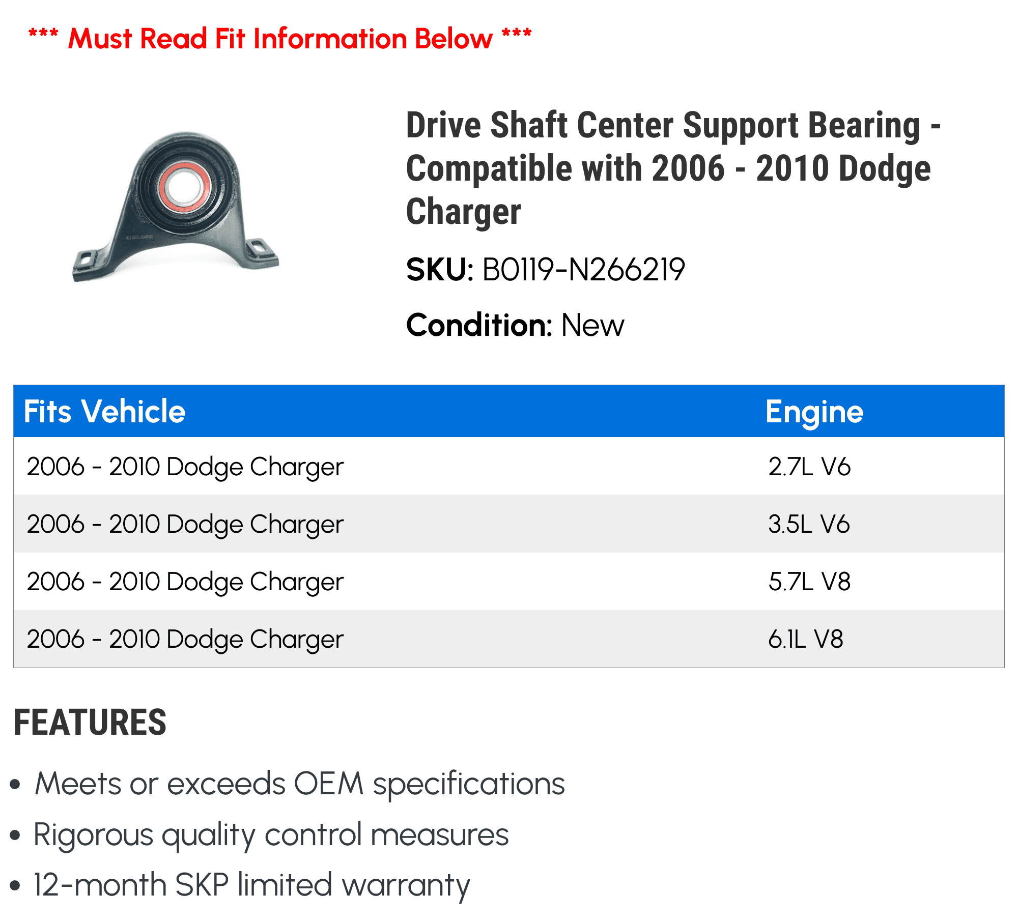 Drive Shaft Center Support Bearing - Compatible with 2006 - 2010 Dodge Charger 2007 2008 2009