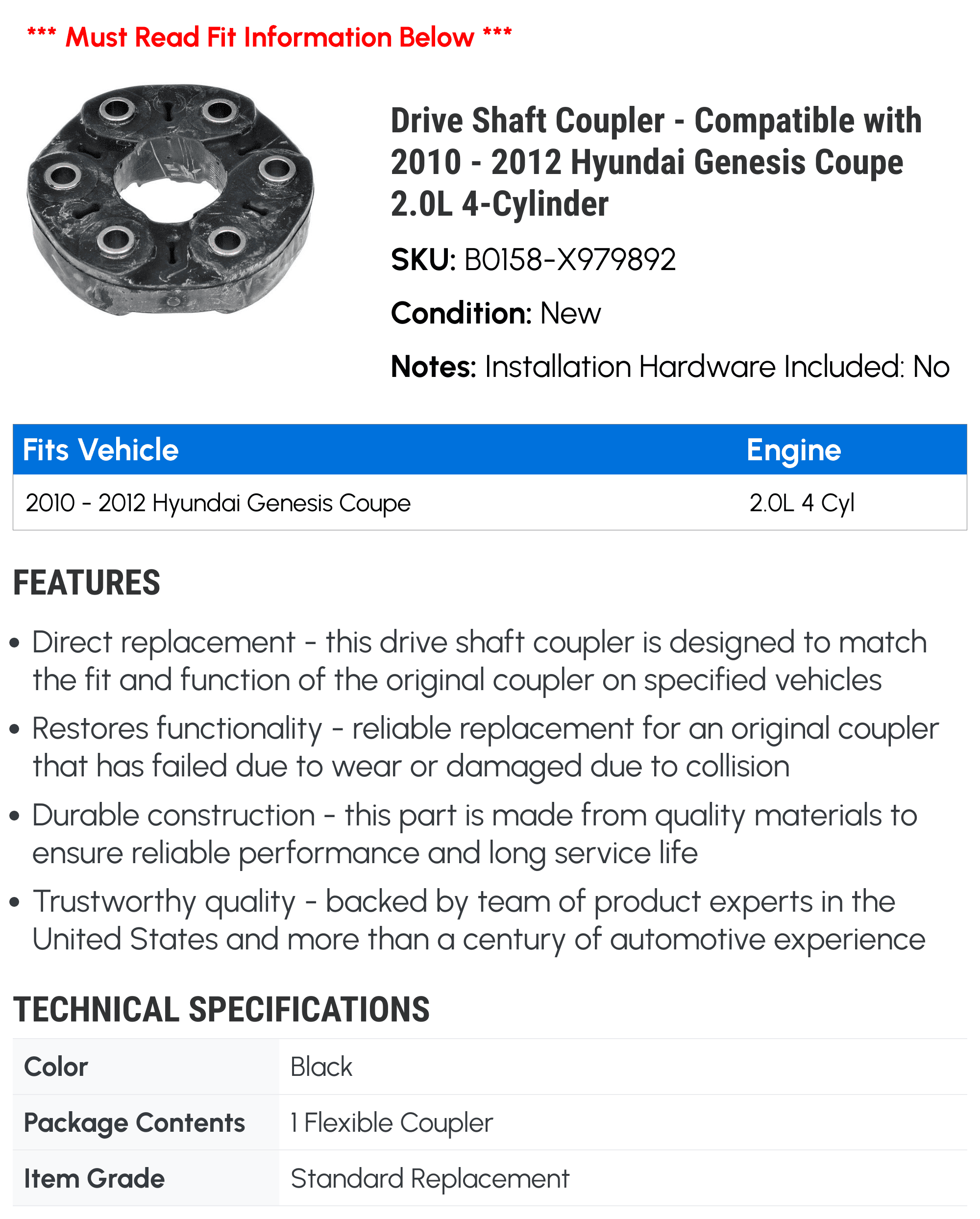 Drive Shaft Coupler - Compatible with 2010 - 2012 Hyundai Genesis Coupe 2.0L 4-Cylinder 2011
