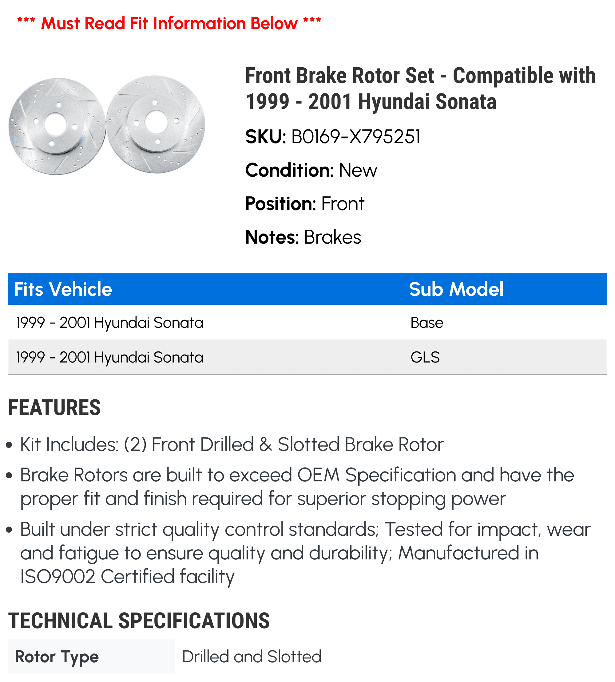 Front Brake Rotor Set - Compatible with 1999 - 2001 Hyundai Sonata 2000