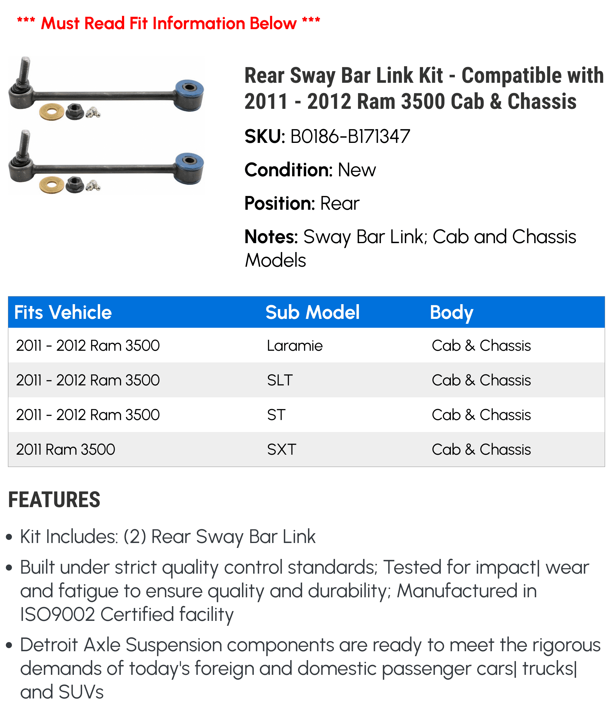 Rear Sway Bar Link Kit - Compatible with 2011 - 2012 Ram 3500 Cab & Chassis
